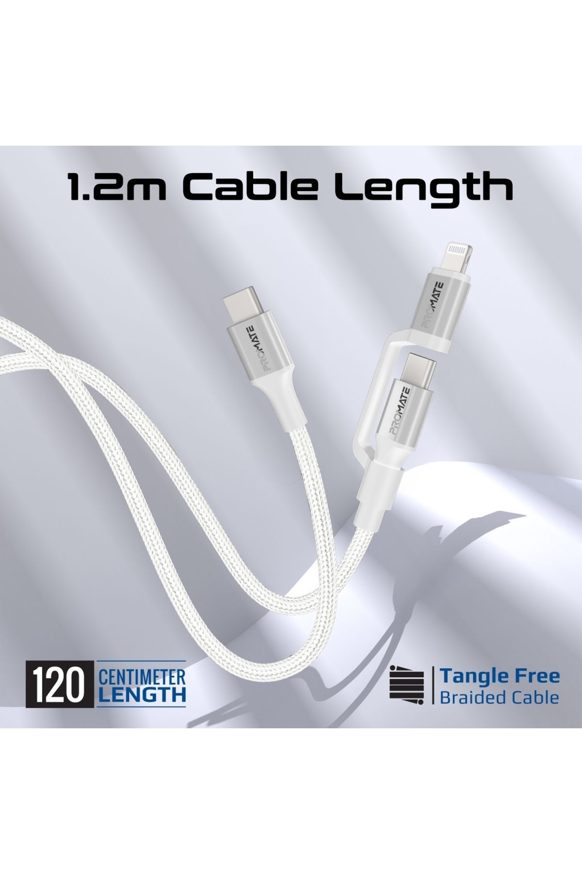 Promate-High-Speed 3-in-1 MFI Certified Lightning and USB-C Cable, 60W USB-C and 27W Lightning Outpu 7