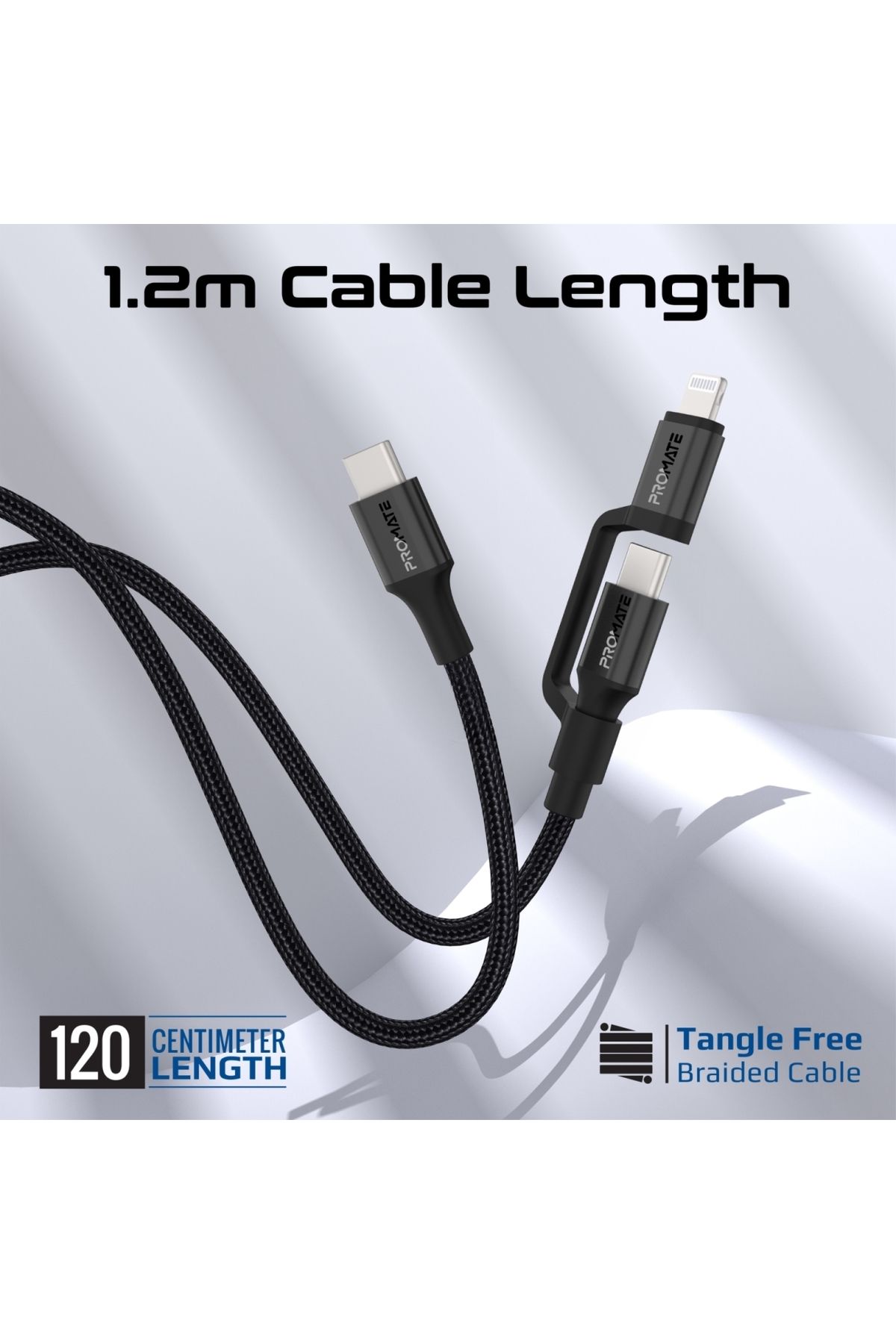 Promate-High-Speed 3-in-1 MFI Certified Lightning and USB-C Cable, 60W USB-C and 27W Lightning Outpu 7