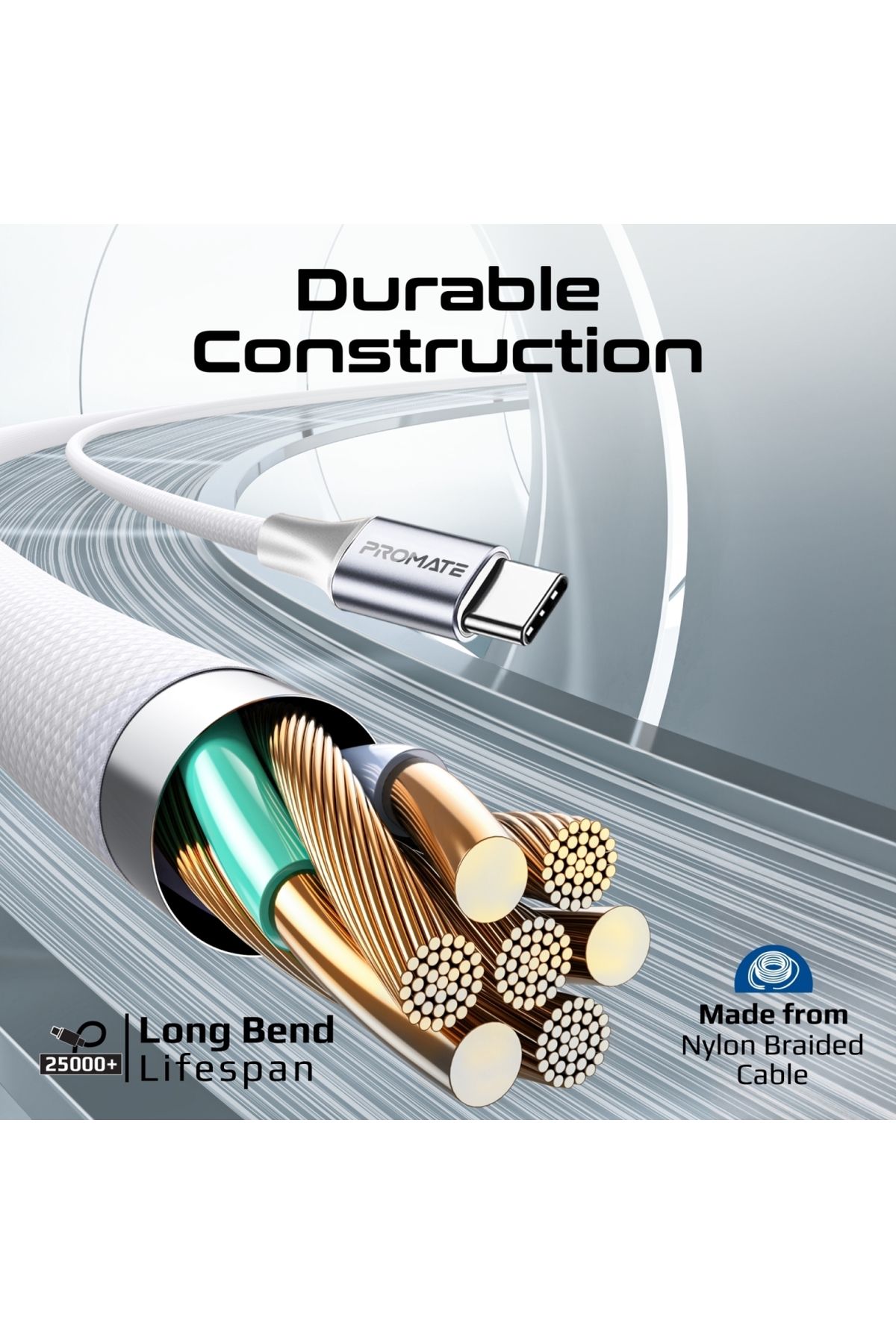 Promate-High-Speed 3-in-1 MFI Certified Lightning and USB-C Cable, 60W USB-C and 27W Lightning Outpu 8