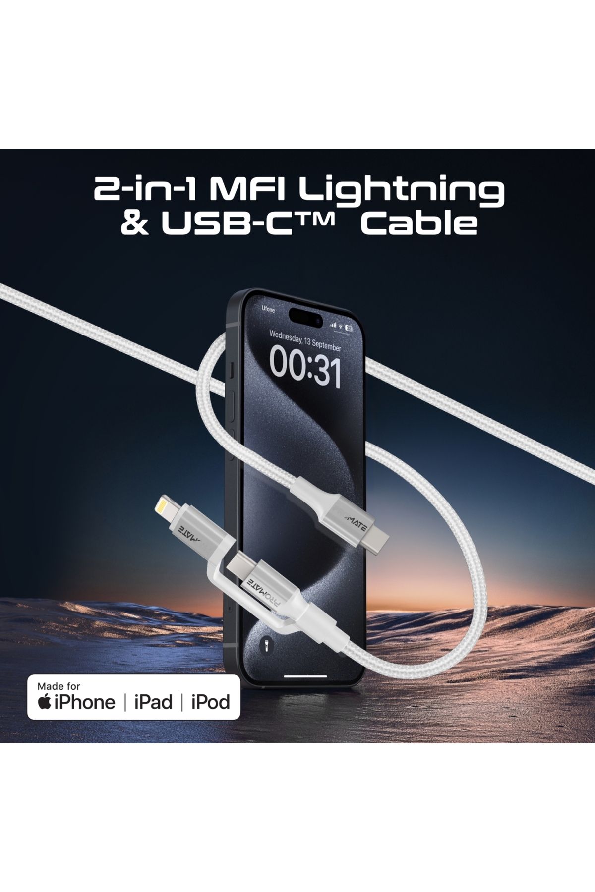 Promate-High-Speed 3-in-1 MFI Certified Lightning and USB-C Cable, 60W USB-C and 27W Lightning Outpu 2