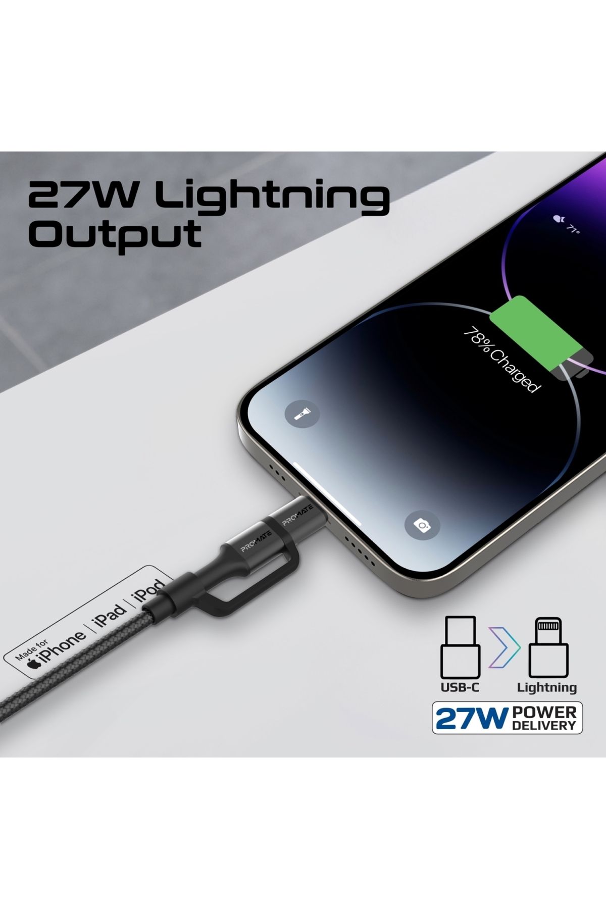 Promate-High-Speed 3-in-1 MFI Certified Lightning and USB-C Cable, 60W USB-C and 27W Lightning Outpu 5