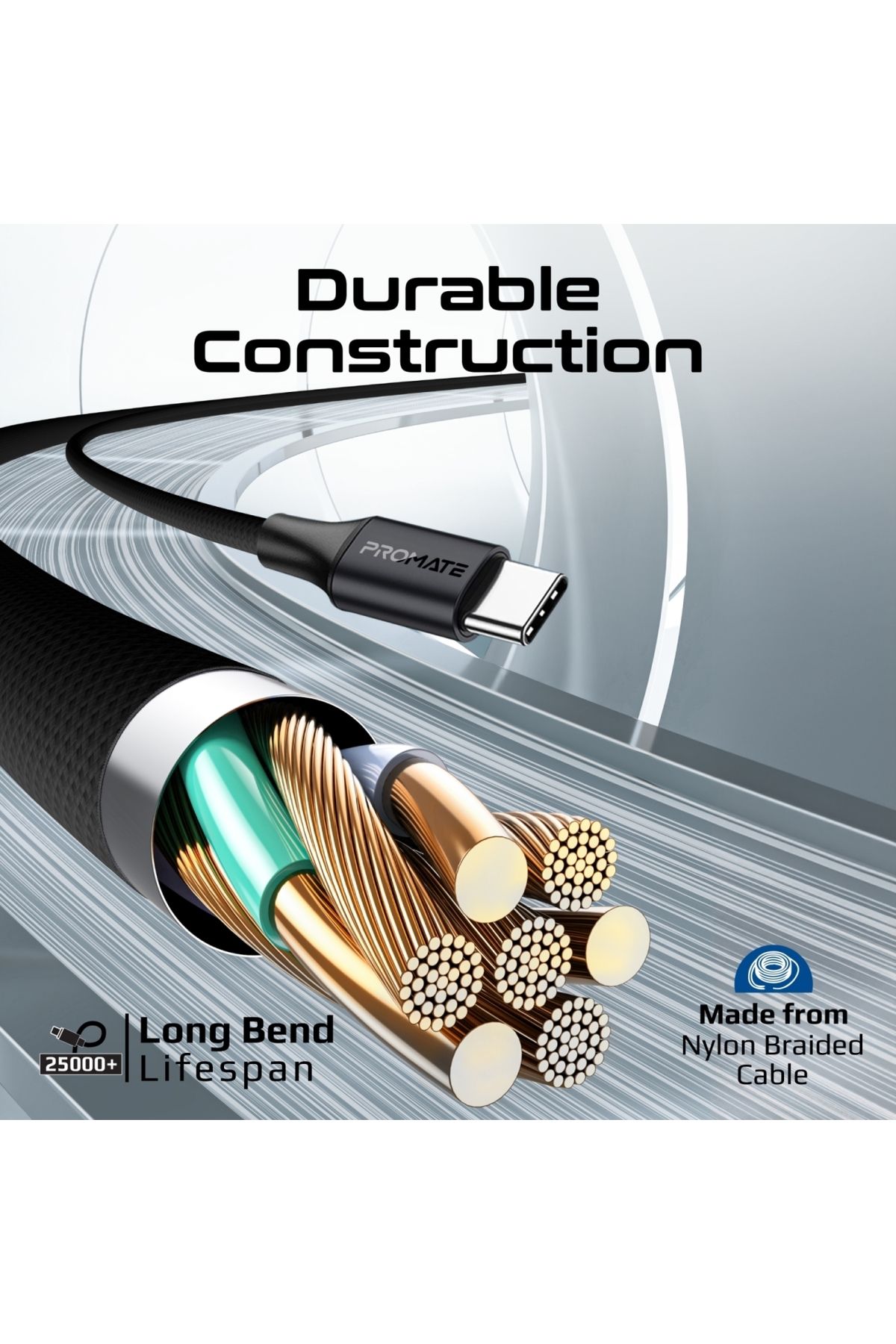 Promate-High-Speed 3-in-1 MFI Certified Lightning and USB-C Cable, 60W USB-C and 27W Lightning Outpu 8