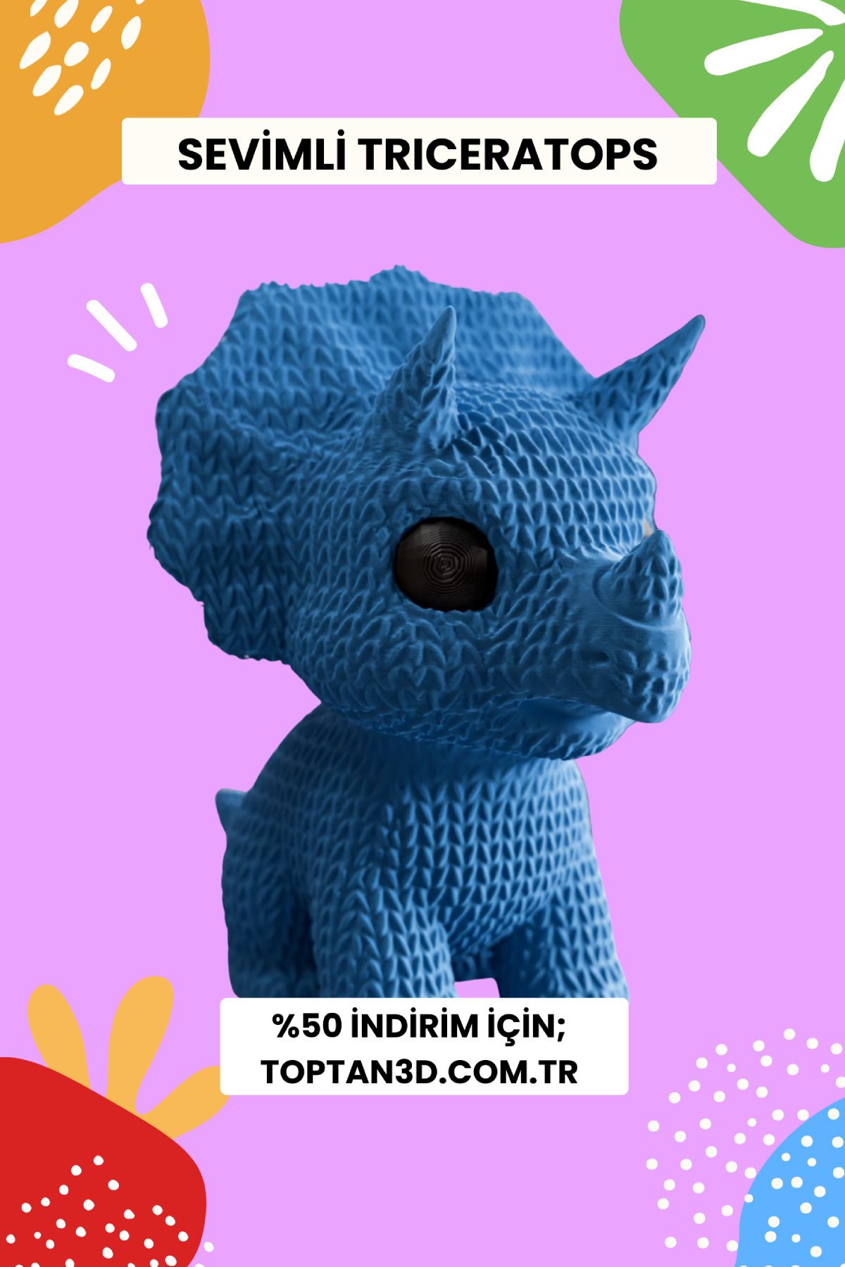 Toptan3D Sevimli Triceratops – 3D Örgü Tasarımlı Oyuncak