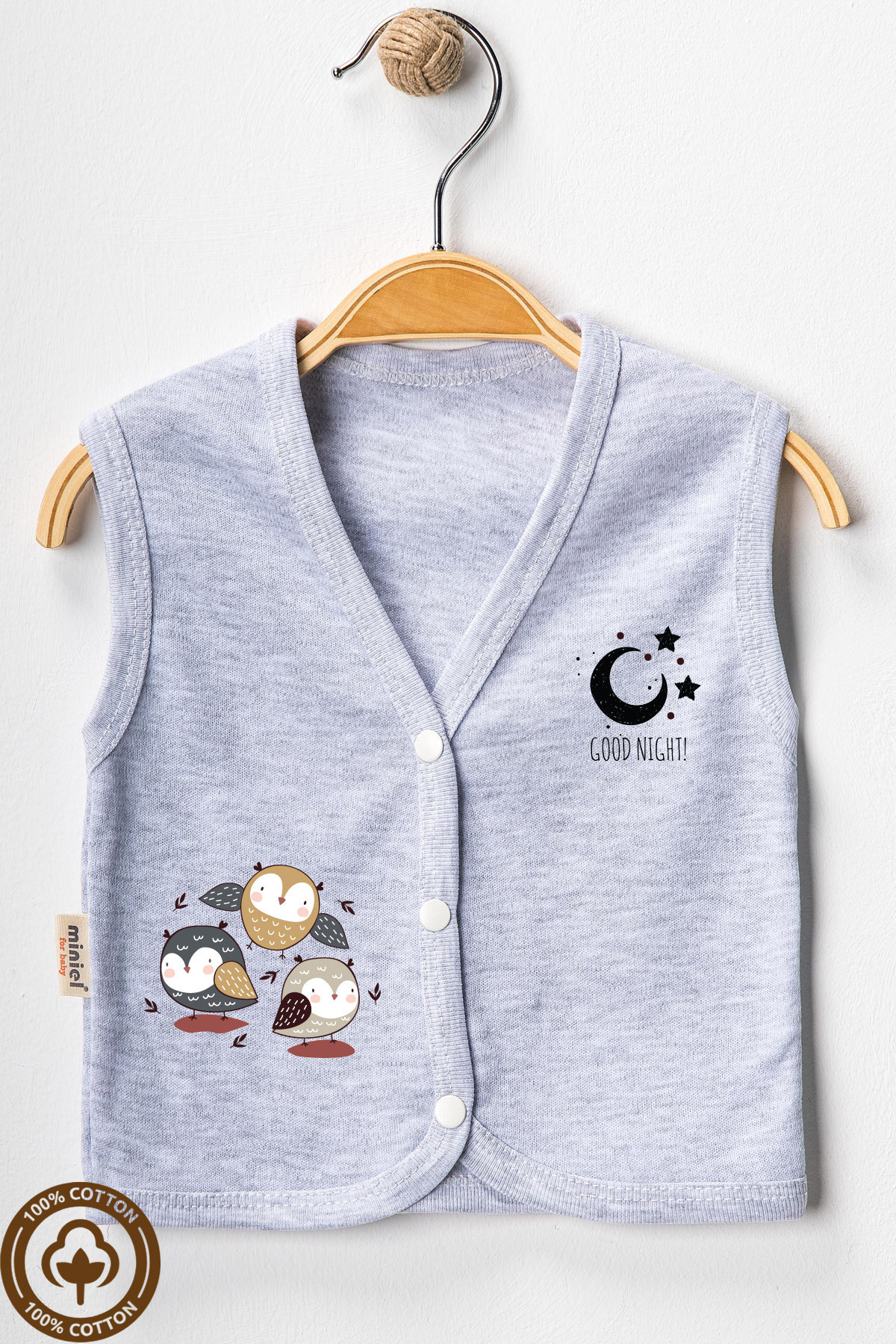 Miniel Unisex Bebek Baykuş Baskılı Organik Pamuklu 3-6-9 Ay 3lü Penye Bebek Yelek Set fotoğrafı 3 (önizleme)