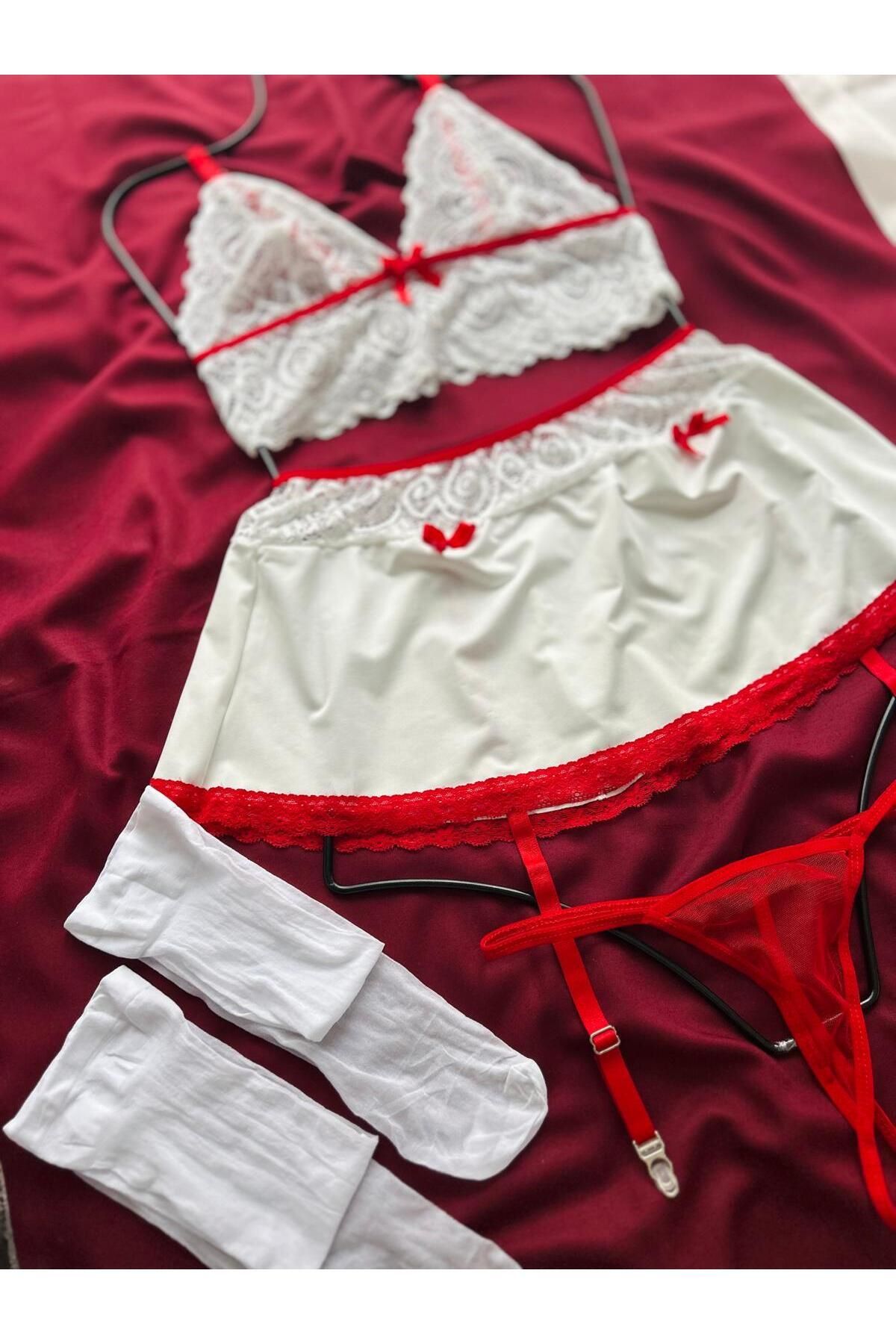 DESİLE-Model Asistentă Model Roșu-alb Set Costum Asistentă Fancy 3