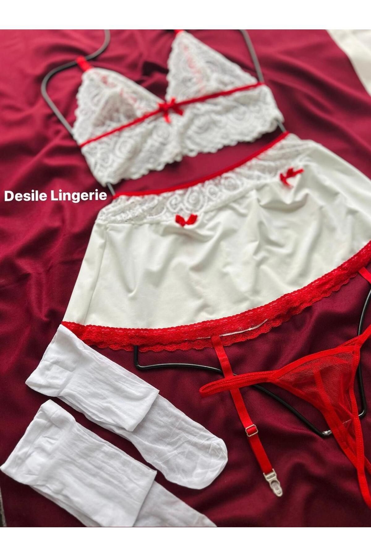 DESİLE-Model Asistentă Model Roșu-alb Set Costum Asistentă Fancy 5