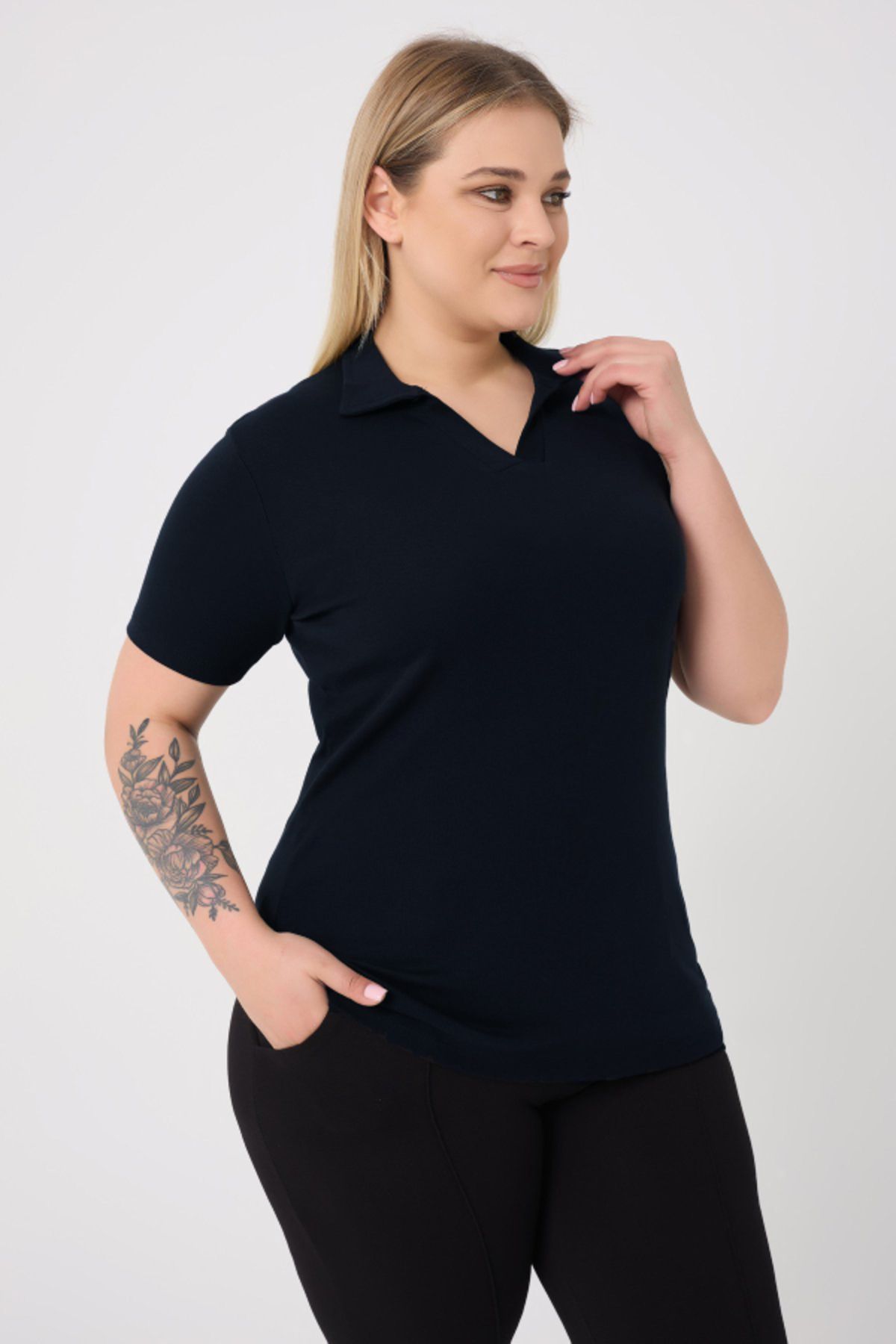 BANEGA-Bluză Curve Plus Size pentru femei, bumbac, lycra, cu decolteu în V, de bază, solidă, cu mânecă scurtă, albastru bleumarin 3