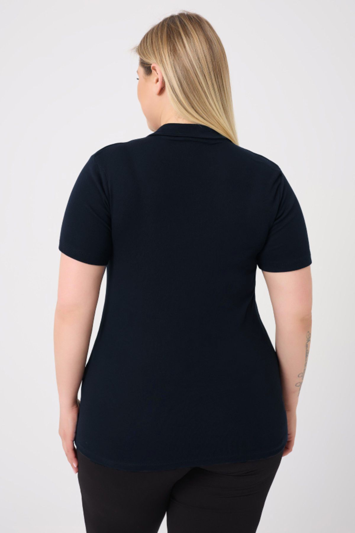 BANEGA-Bluză Curve Plus Size pentru femei, bumbac, lycra, cu decolteu în V, de bază, solidă, cu mânecă scurtă, albastru bleumarin 6