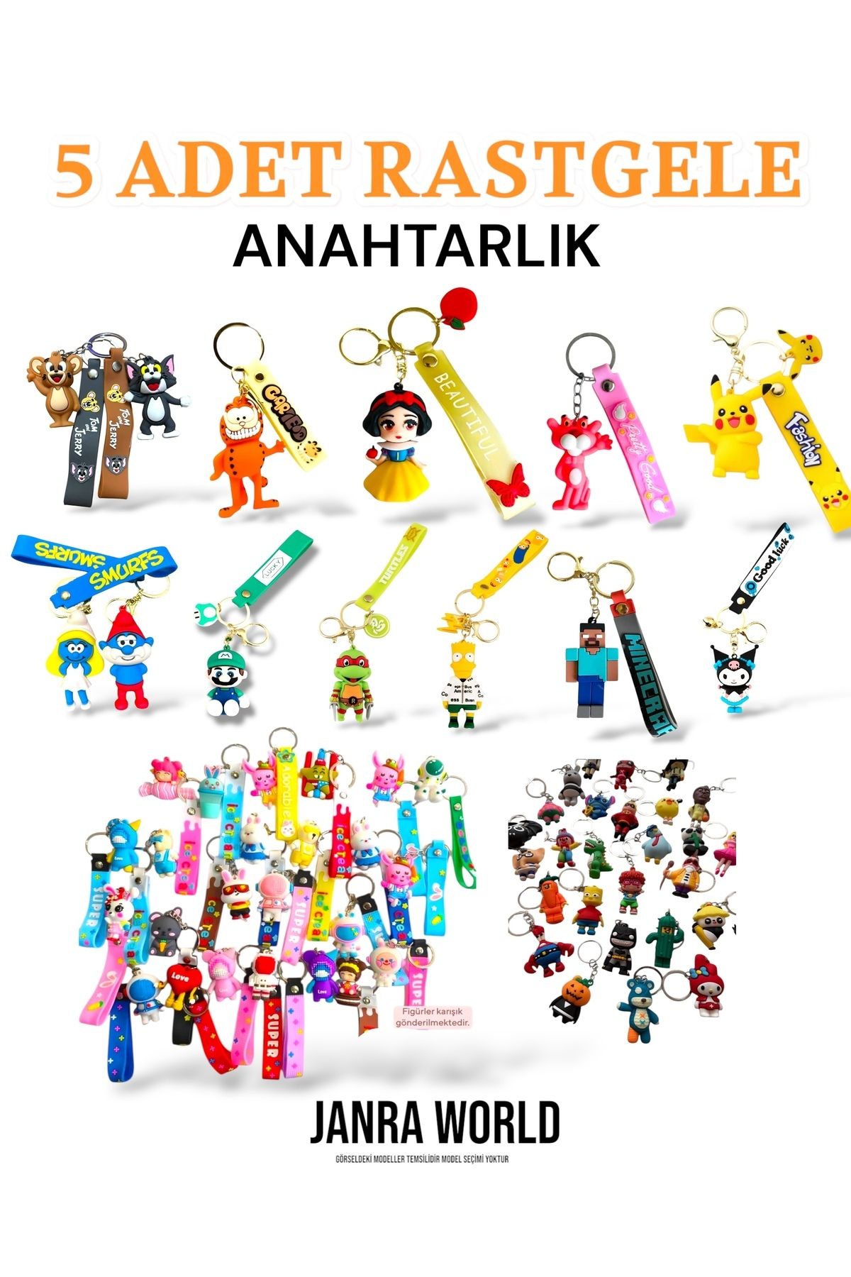 JANRA WORLD 5 Adet Rastgele Silikon Anahtarlık - Sevimli Figürlü Modeller - Anahtarlık & Çanta Süsü