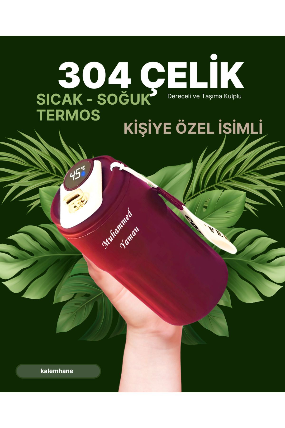 kalemhane 304 Çelik Sıcak - Soğuk Kişiye Özel Termos Kırmızı Dijital Derece Göstergeli 500 ml