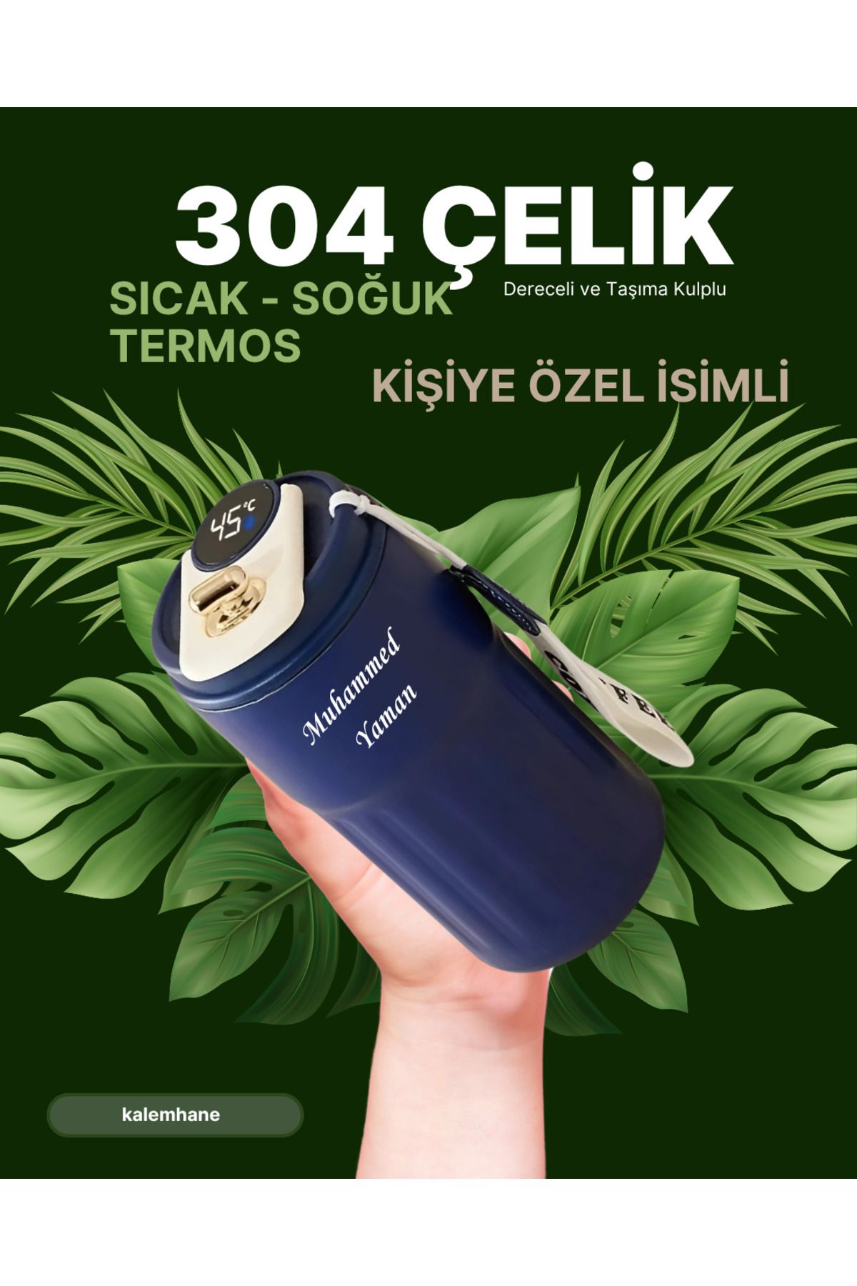 kalemhane 304 Çelik Sıcak - Soğuk Kişiye Özel Termos Mavi Dijital Derece Göstergeli 500 ml