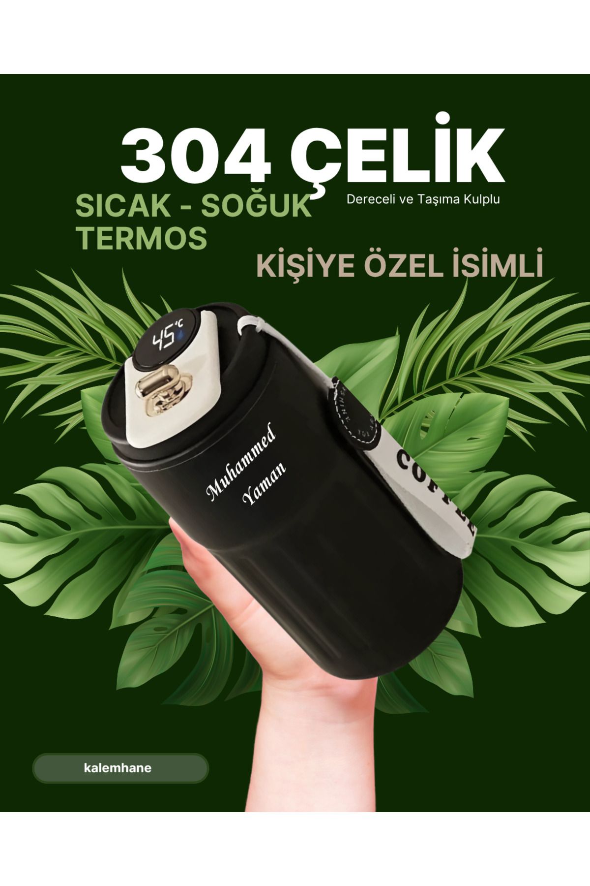 kalemhane 304 Çelik Sıcak - Soğuk Kişiye Özel Termos Siyah Dijital Derece Göstergeli