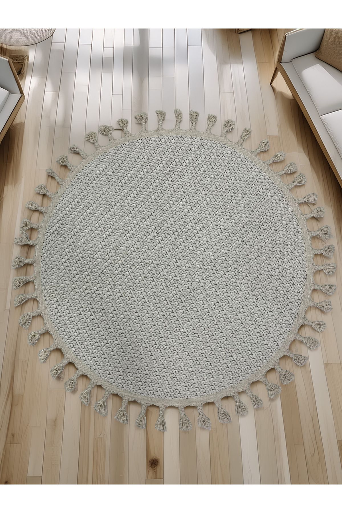 Trend Home Turgut Halı Yuvarlak Dokulu Krem Halı Modern Püsküllü Şık Oda İçin Özgün Dekoratif Tasarım