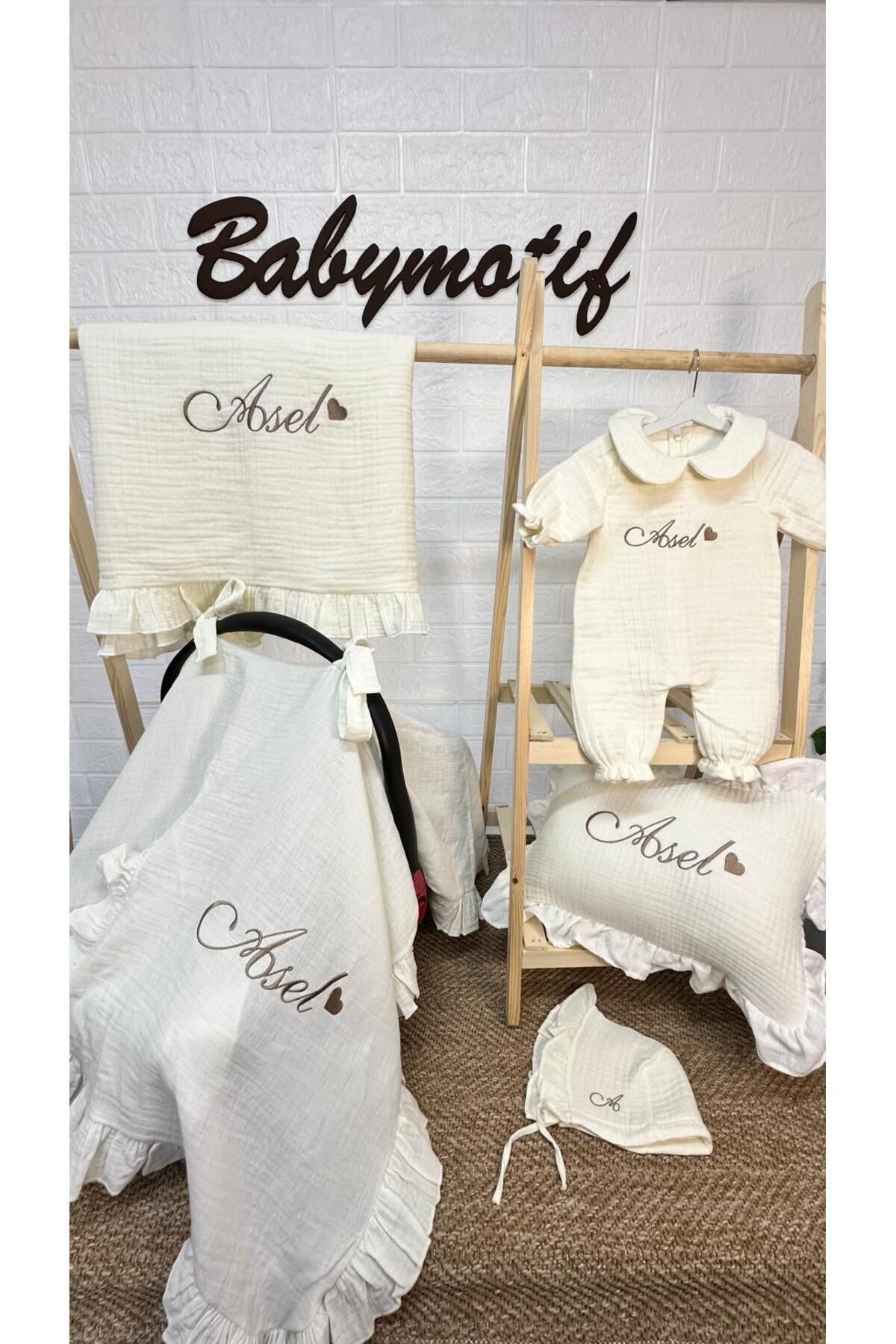 babymotif isimli yenidoğan 4 kat müslin puset örtüsü battaniye yastık(kılıfı)tulum şapka