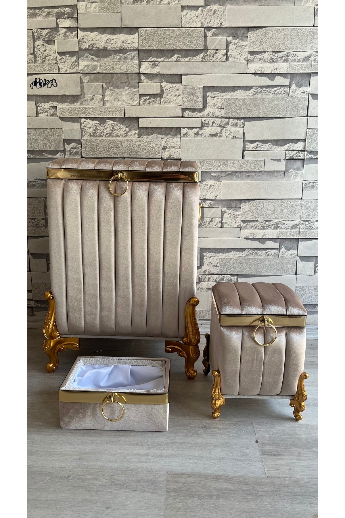 Zoe Home 3’lü Kadife Çizgili Kirli Çamaşır Sepeti Seti