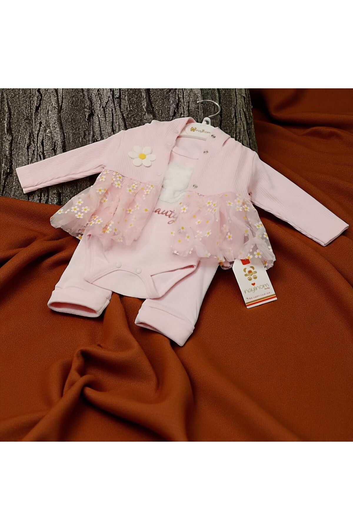 Bublykids 3'lü Pembe Kız Bebek Takım Pembe Takım Papatya TÜllü 3 lü Takım Pembe Ceket Takım