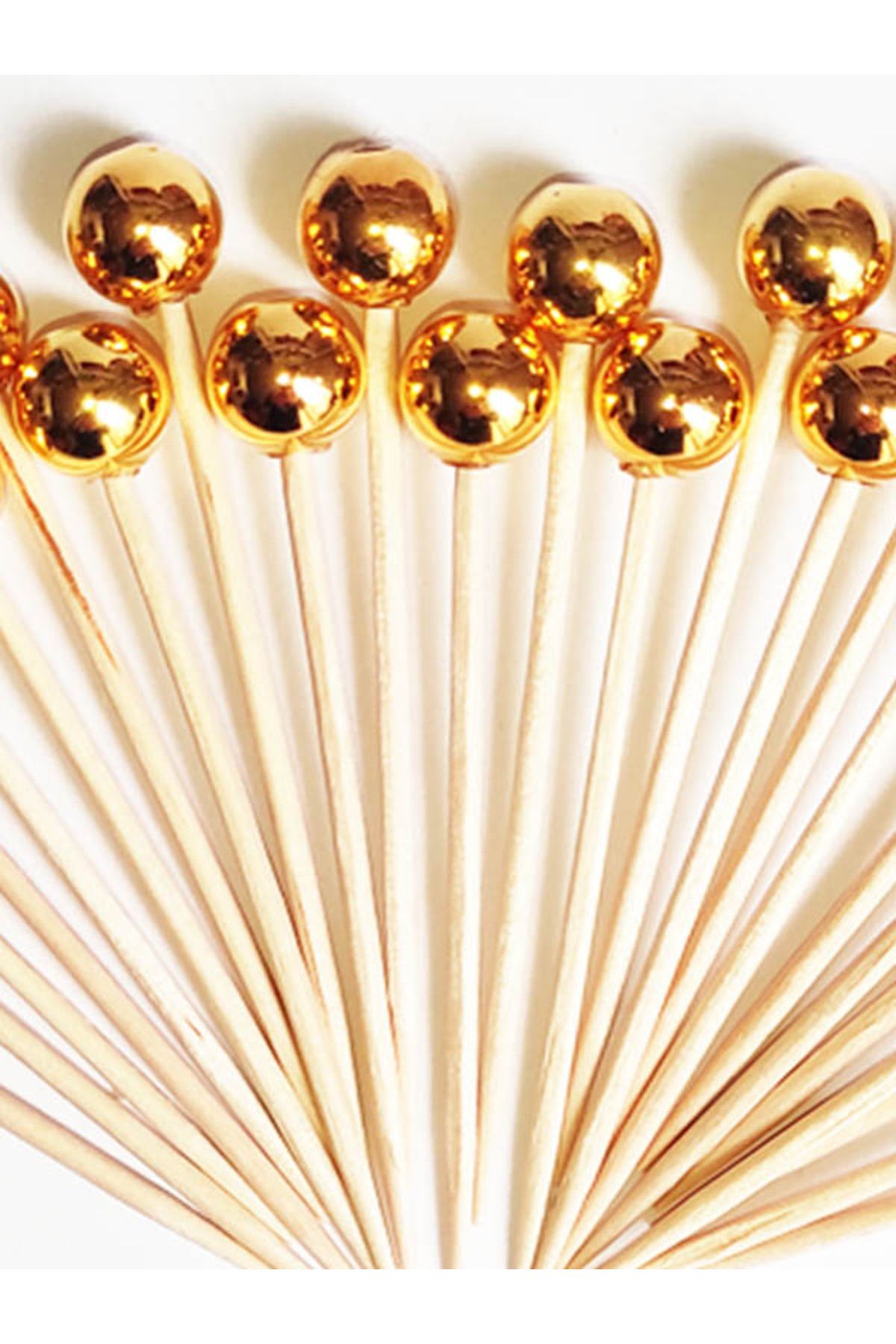 tm tasarı mağazası 99 Adet Dekoratif Gold Büyük Yuvarlak Inci Boncuklu Pasta Kürdanı 6,5 Cm - Inci 10 Mm