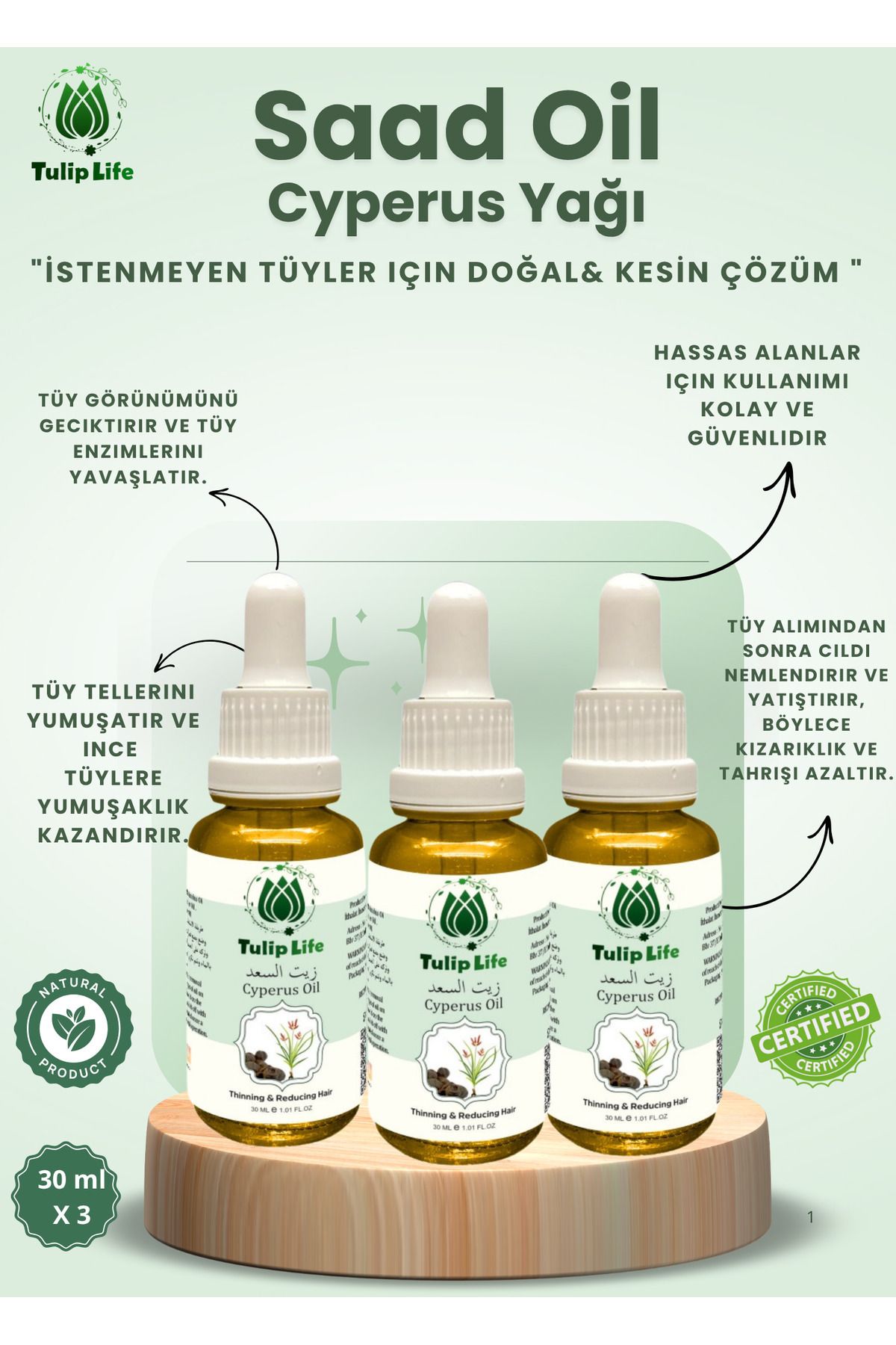 Tuliplife Tüy Azaltıcı Dökücü Incetici Saad Oil ( Cyperus Rotundus Oil ) 30 ml ( (3 pieces)