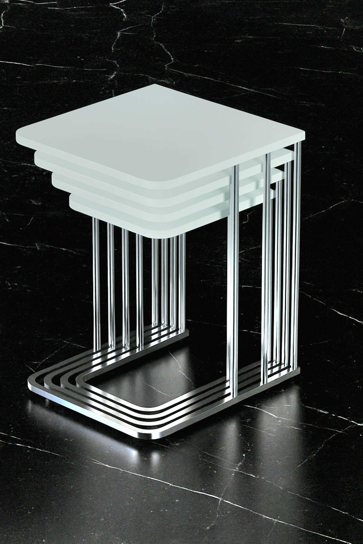 home plus mobilya 4-Piece Nesting Table Silver Leg Glossy White 18 mm Mdf