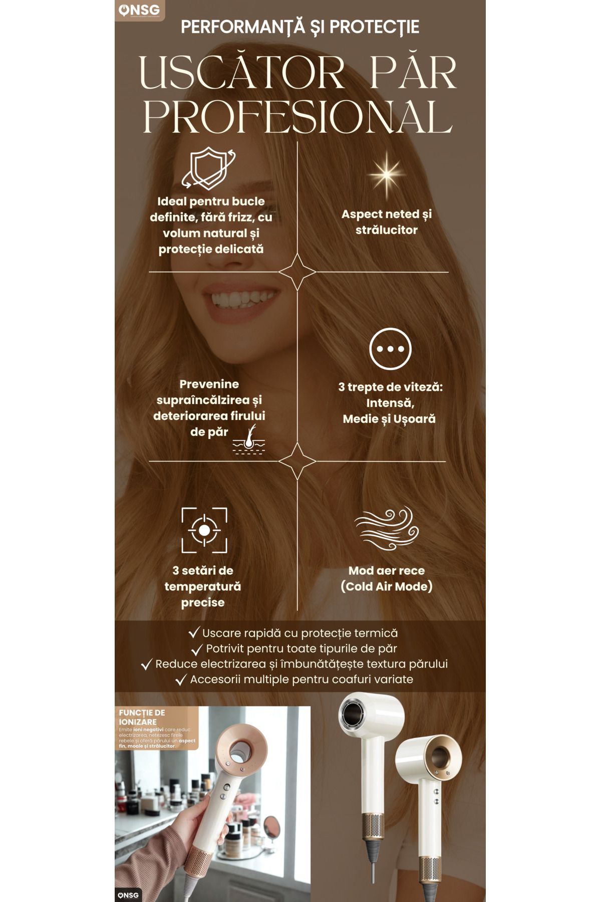 ONSG-Premium Hair Dryer, Fast Drying Anti-frizz With Negative Ions, Ceramic Technology, White 7