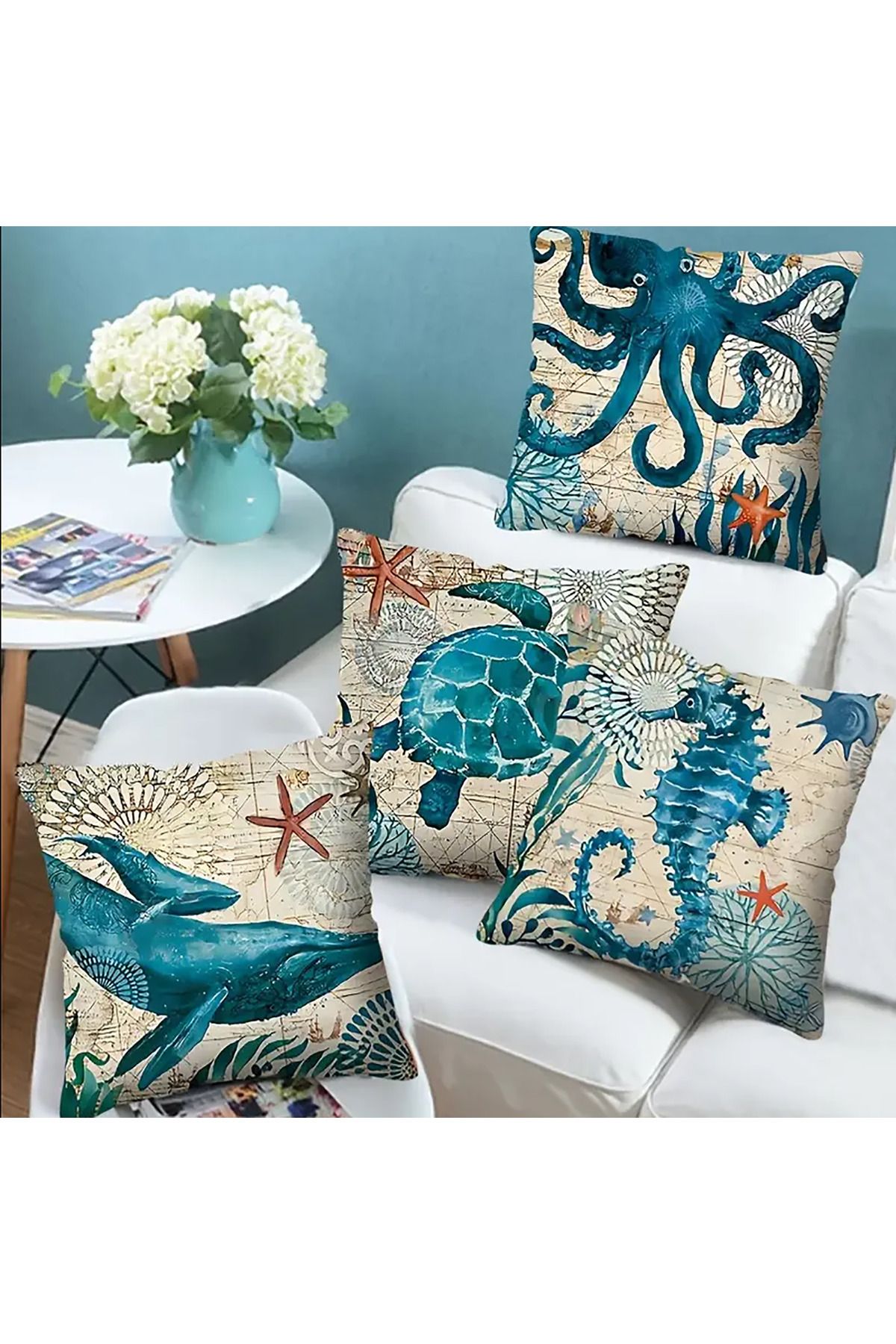 Sister Home Design Deniz Yaşam Haritası Denizatı Seri Yastık & Kırlent & Kırlent Kılıfı , 4lü Kırlent Kılıfı No:164