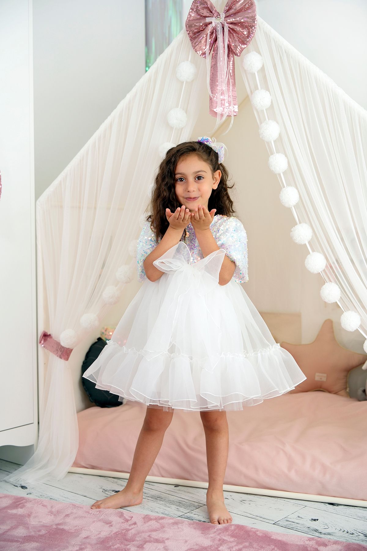 DUCA KIDS-Λευκό φόρεμα Dreams με λαμπερό φιόγκο 3