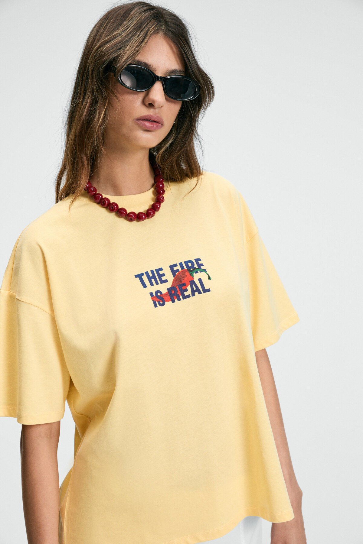 GRIMELANGE  CASSIANE Kadın Bisiklet Yaka Kısa Kollu Ön Ve Arka Baskılı Regular Sarı T-Shirt - Görsel 3