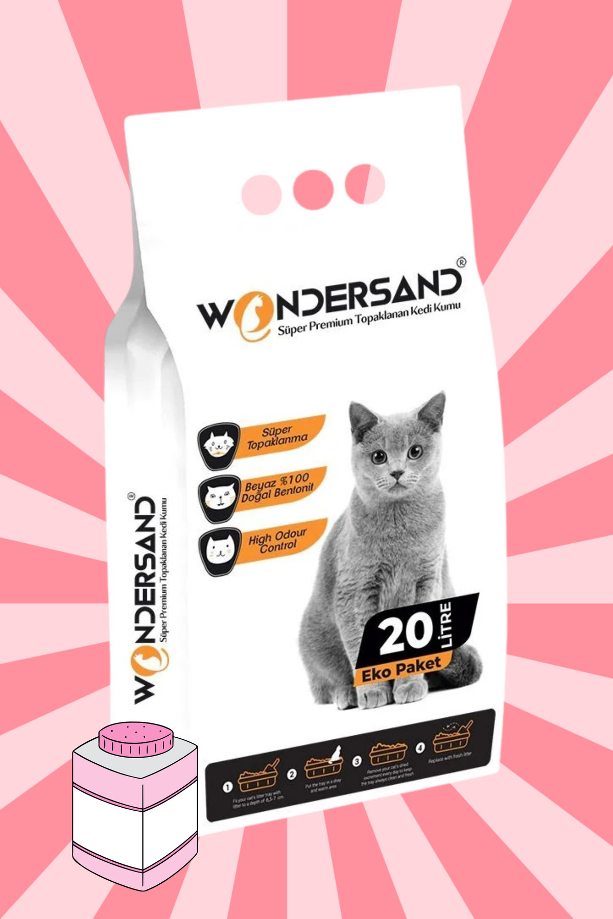 wondersand 20 Litre %100 Beyaz Bentonit Kalın Tane Bebek Pudra Kokulu Topaklanan Premium Kedi Kumu