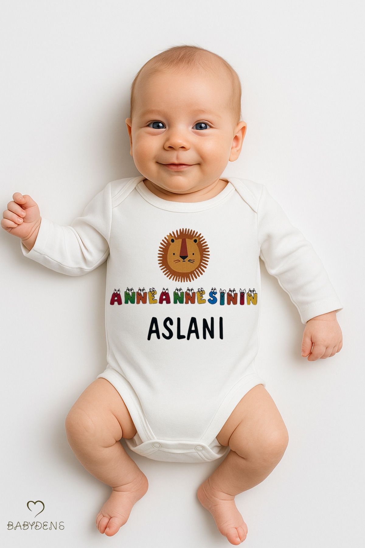 BABYDEN'S “Anneannesinin Aslanı” Yazılı,Uzun Kollu Bebek Body Aslan Baskılı, %100 Pamuk,Çıtçıtlı Zıbın 0-24 Ay