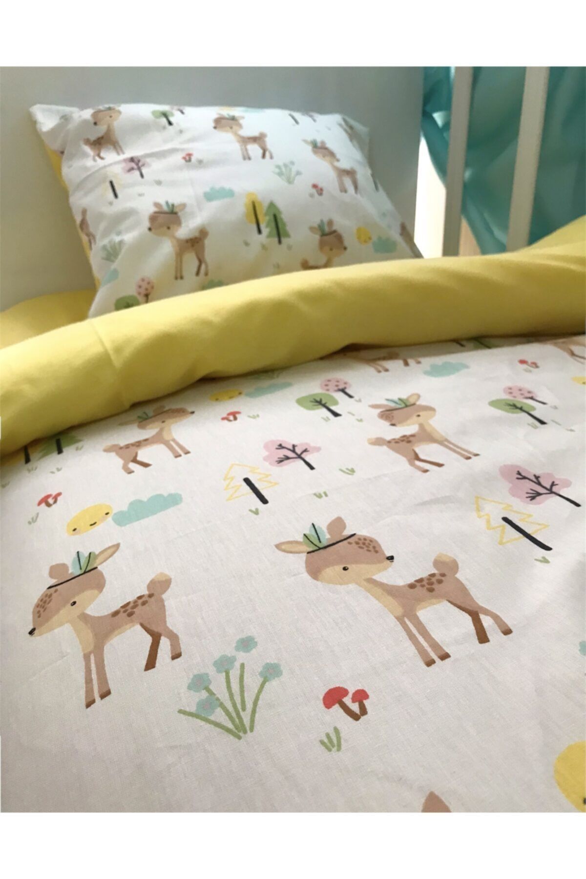 Bebek Özel Pamuk Çocuk 100x200 Montessori Yastık Çarşaf Yorgan Karaca Sarı (Yorganlı) fotoğrafı 4 (önizleme)