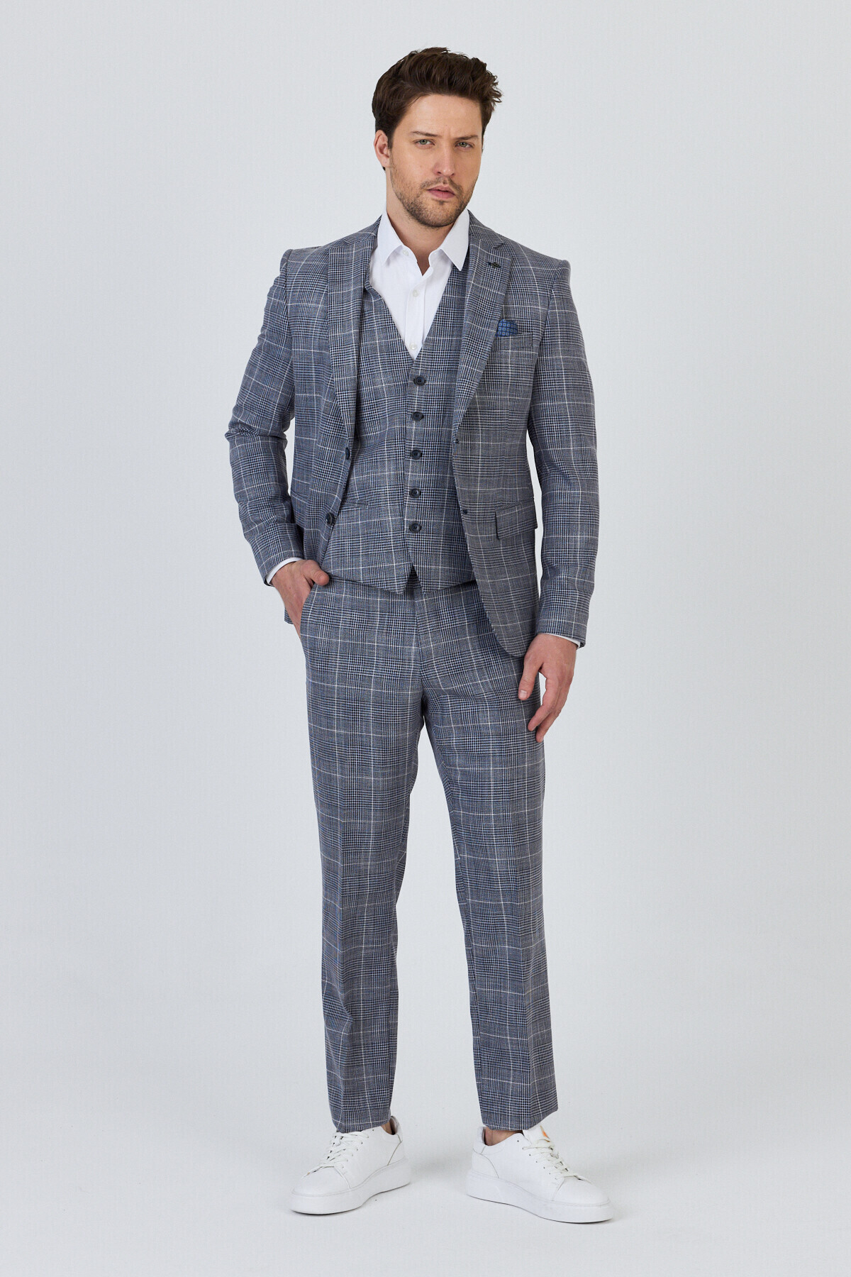Frappoli Vincenzo Men's Navy Blue Jacket+Pants+Vest Double Slit Slim Fit Suit