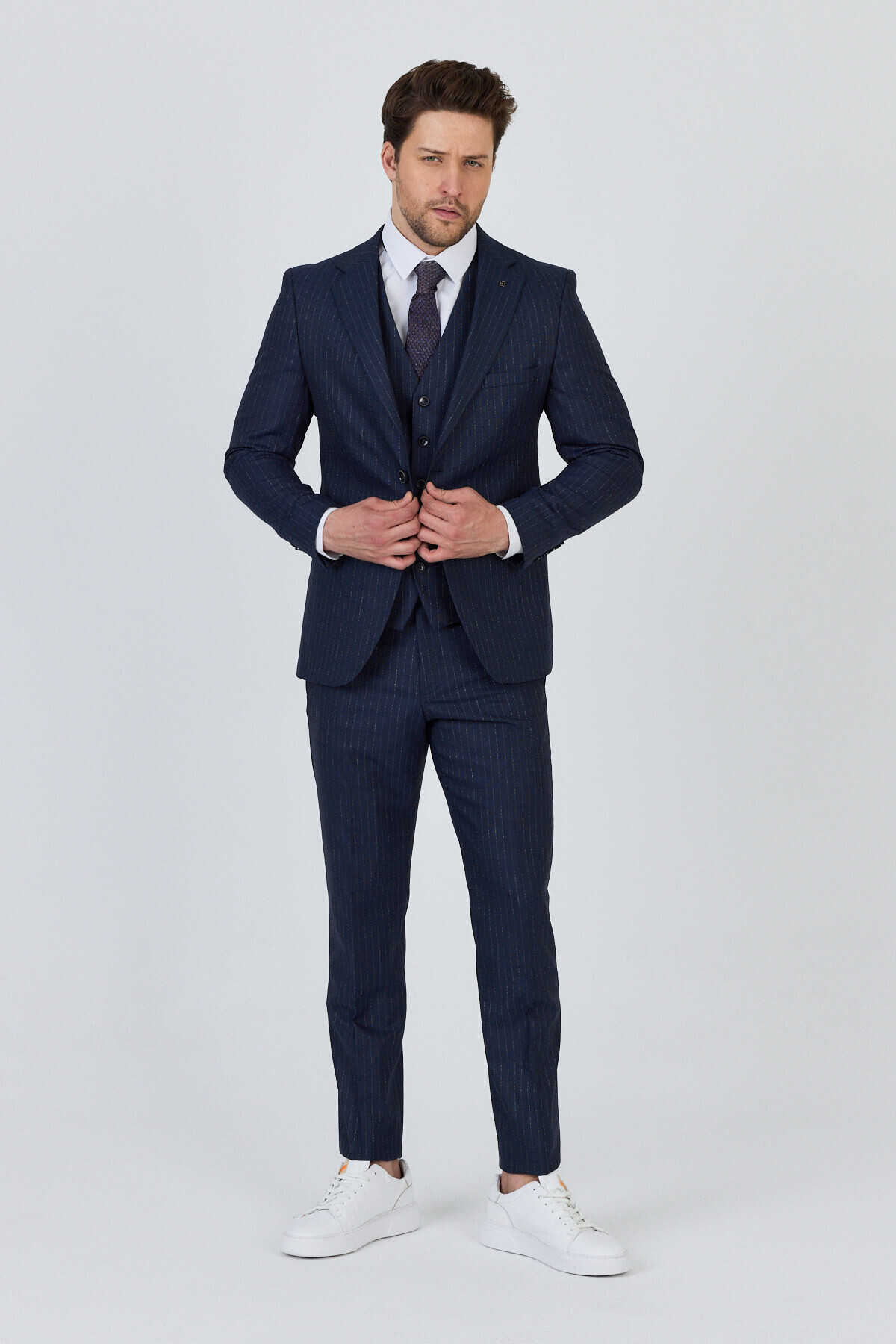 Frappoli Ateca Erkek Lacivert İtalyan Çizgili Ceket+Pantolon+Yelekli Slim Fit Takim Elbise görsel 5