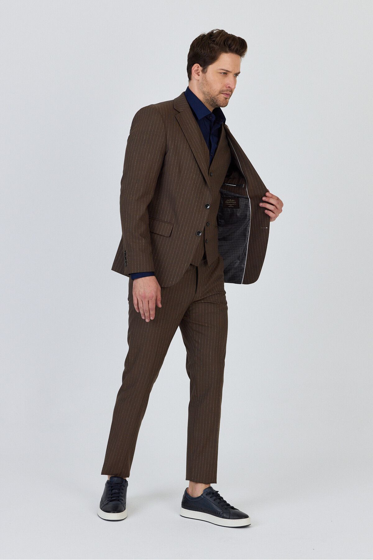 Frappoli-Ateca Men's Mustard Italian Striped Jacket+Pants+Vest Slim Fit Suit 4