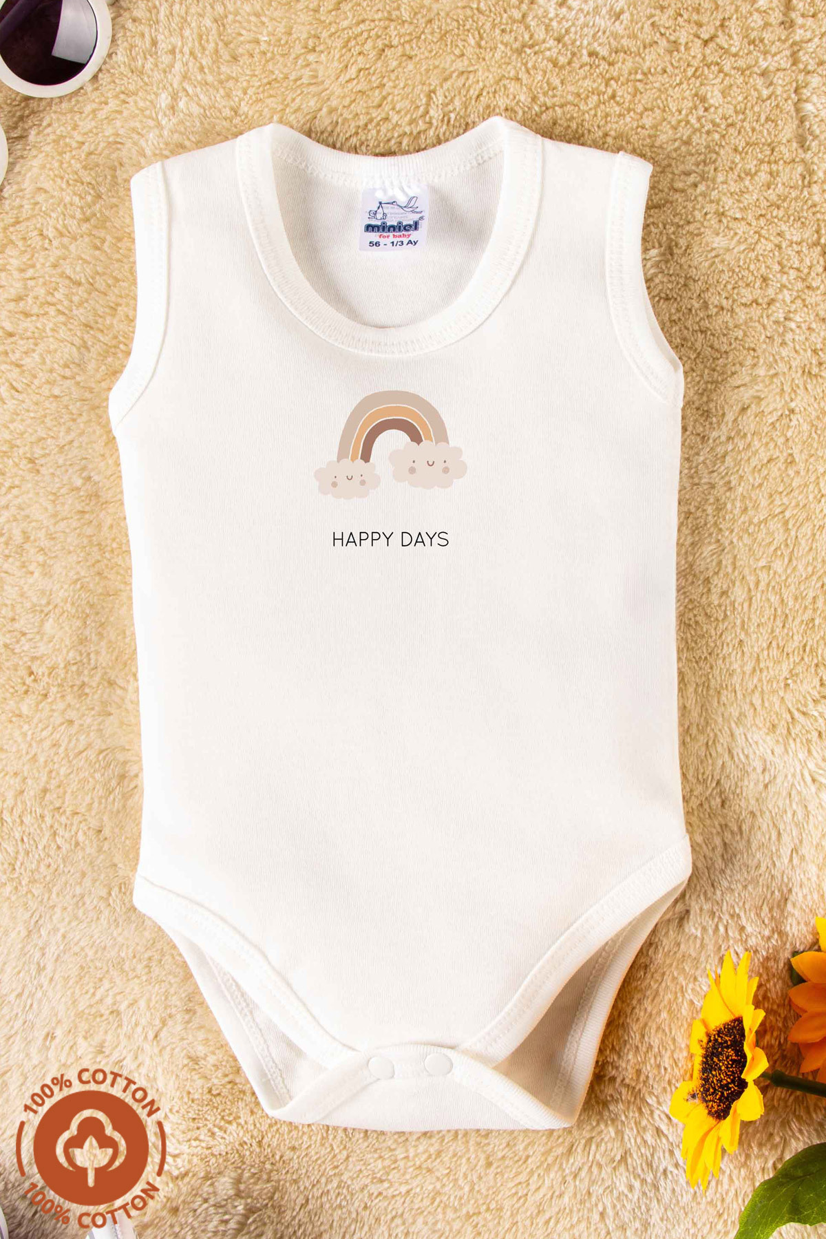 miniel organic Unisex %100 Organik Pamuklu Good Vibes Baskılı 3-6-9-12 Ay 3Lü Kolsuz Atlet Bebek Body Zıbın fotoğrafı 4 (önizleme)