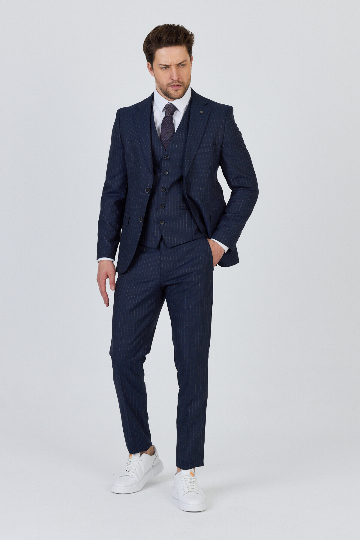 Frappoli Ateca Erkek Lacivert İtalyan Çizgili Ceket+Pantolon+Yelekli Slim Fit Takim Elbise