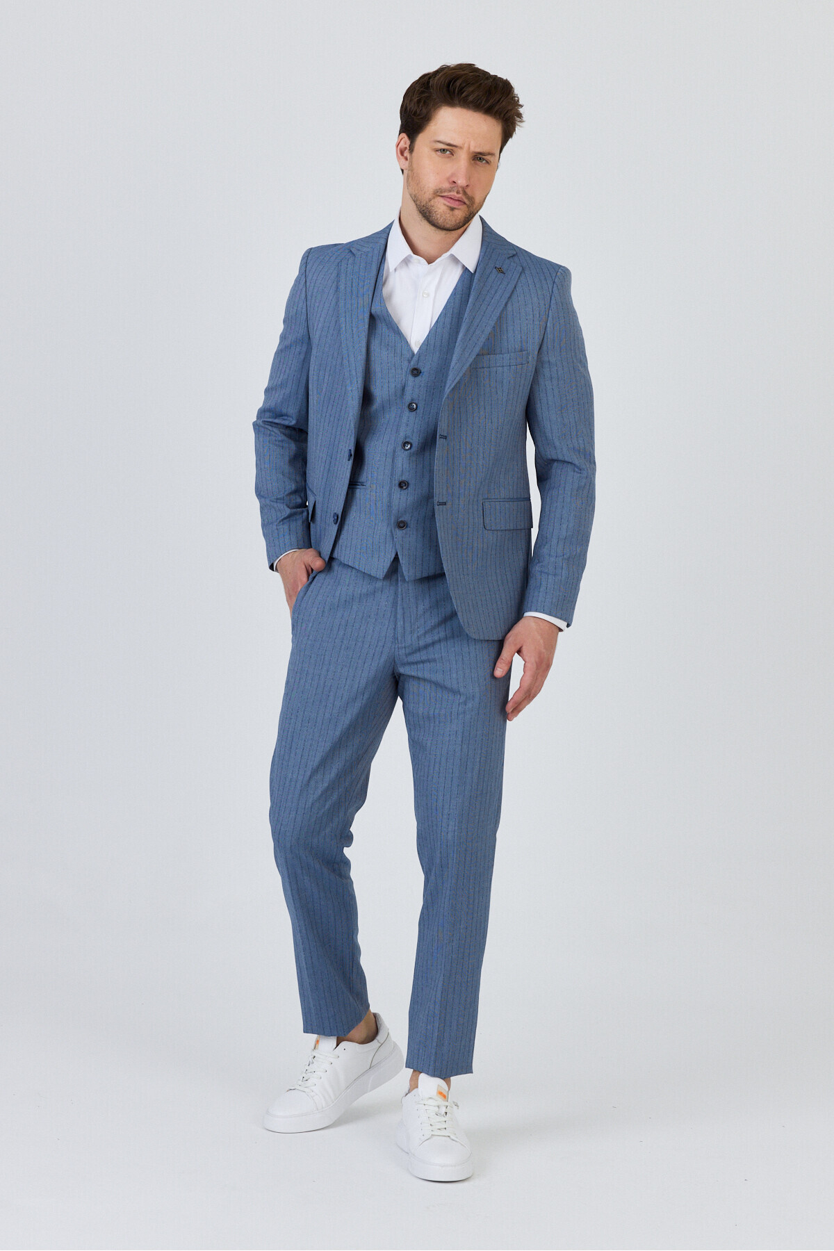 Frappoli Ateca Men's Dark Blue Italian Striped Jacket+Pants+Vest Slim Fit Suit
