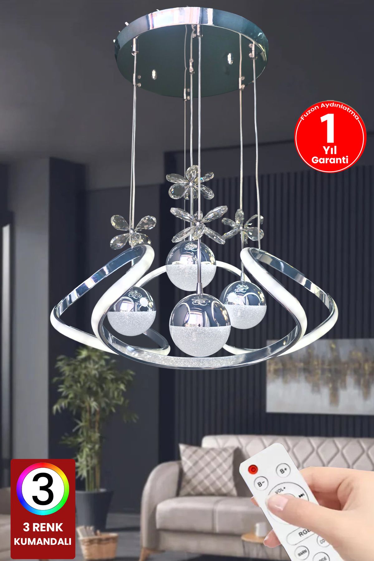 FUZON Drone 4 Toplu 3 Renk Kumandalı Led Avize Büyük Salon Led Avize Kristal Taşlı Avize