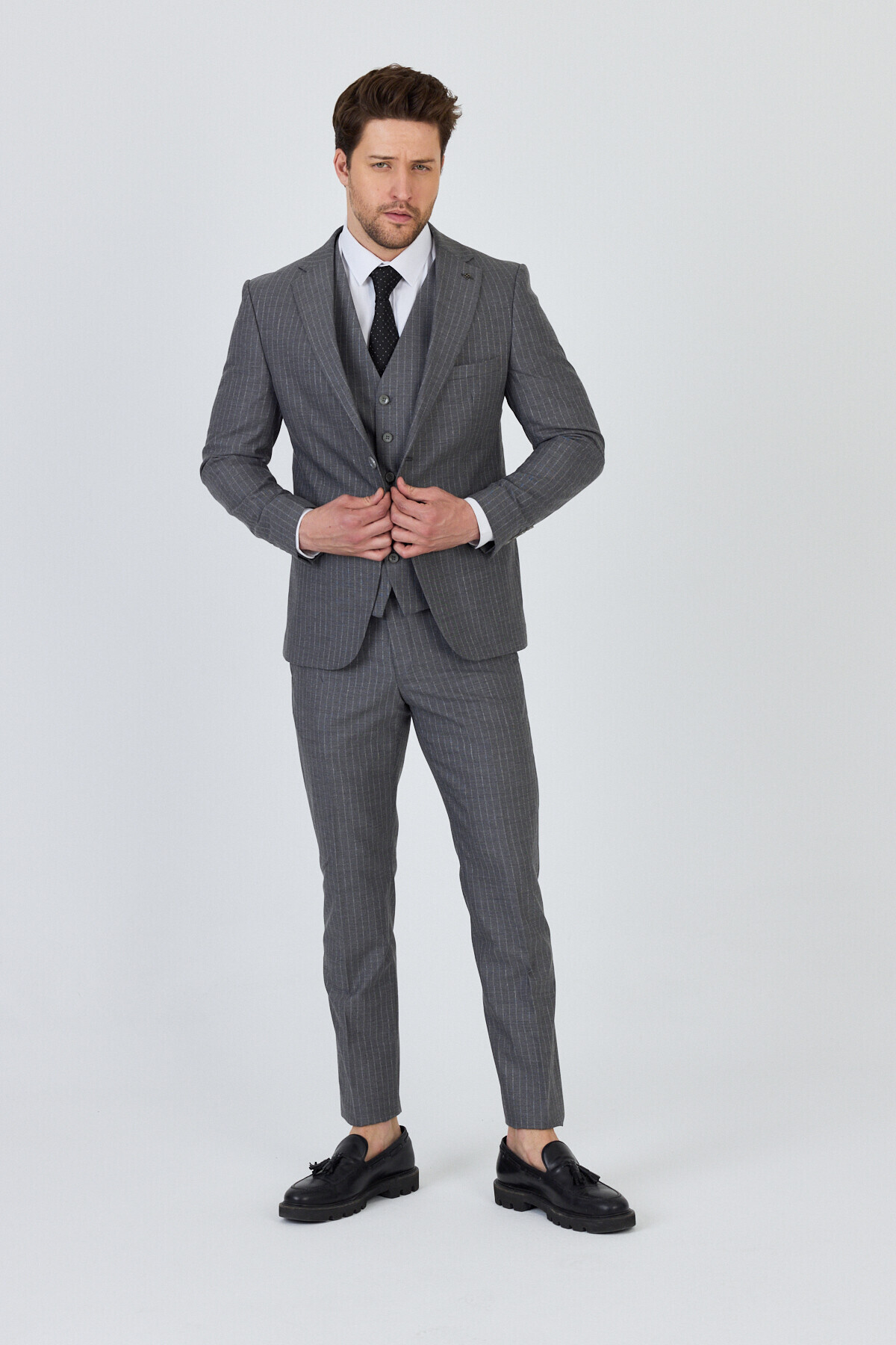 Frappoli Men's Light Gray Italian Striped Jacket+Pants+Vest Slim Fit Suit