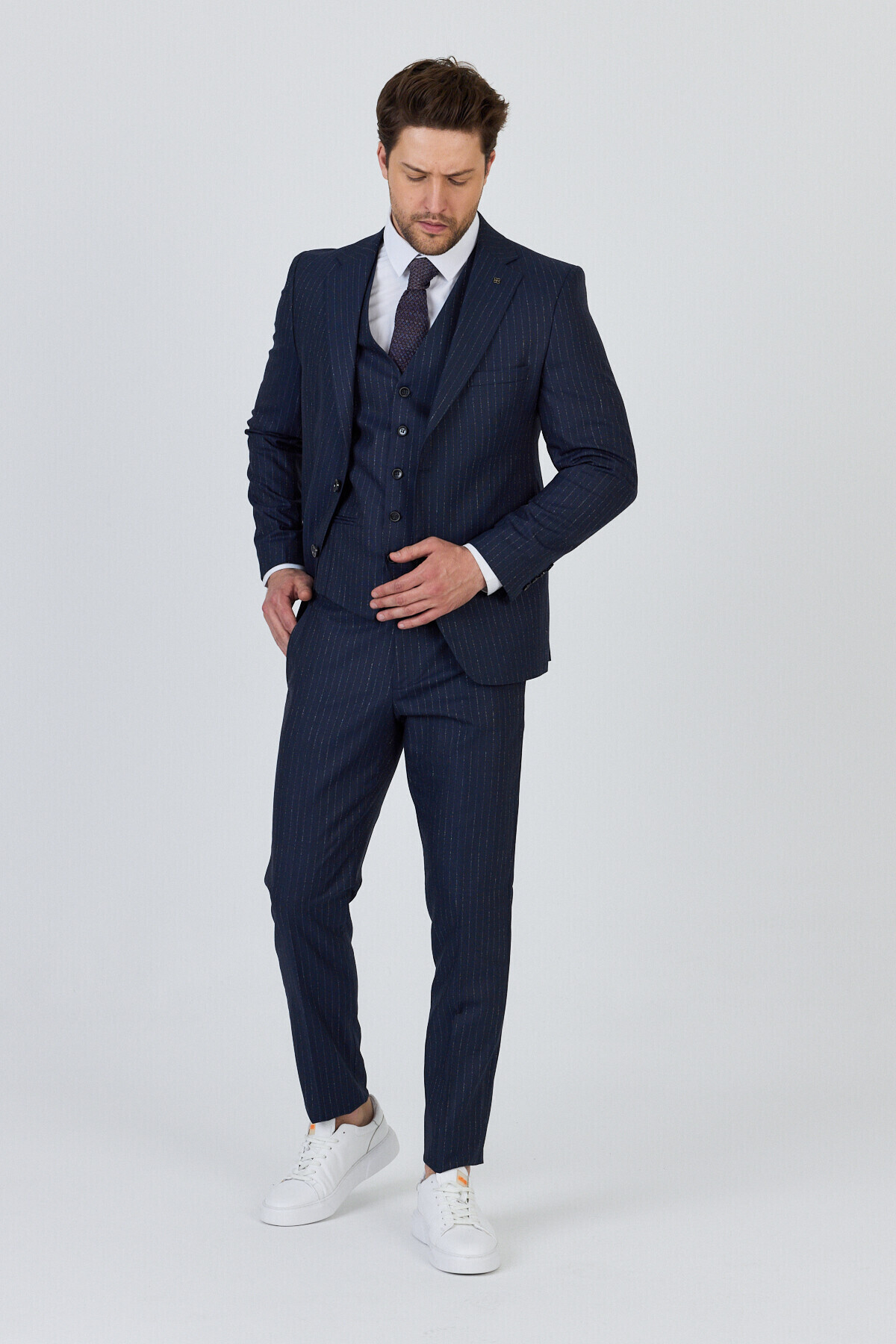 Frappoli Ateca Erkek Lacivert İtalyan Çizgili Ceket+Pantolon+Yelekli Slim Fit Takim Elbise görsel 7