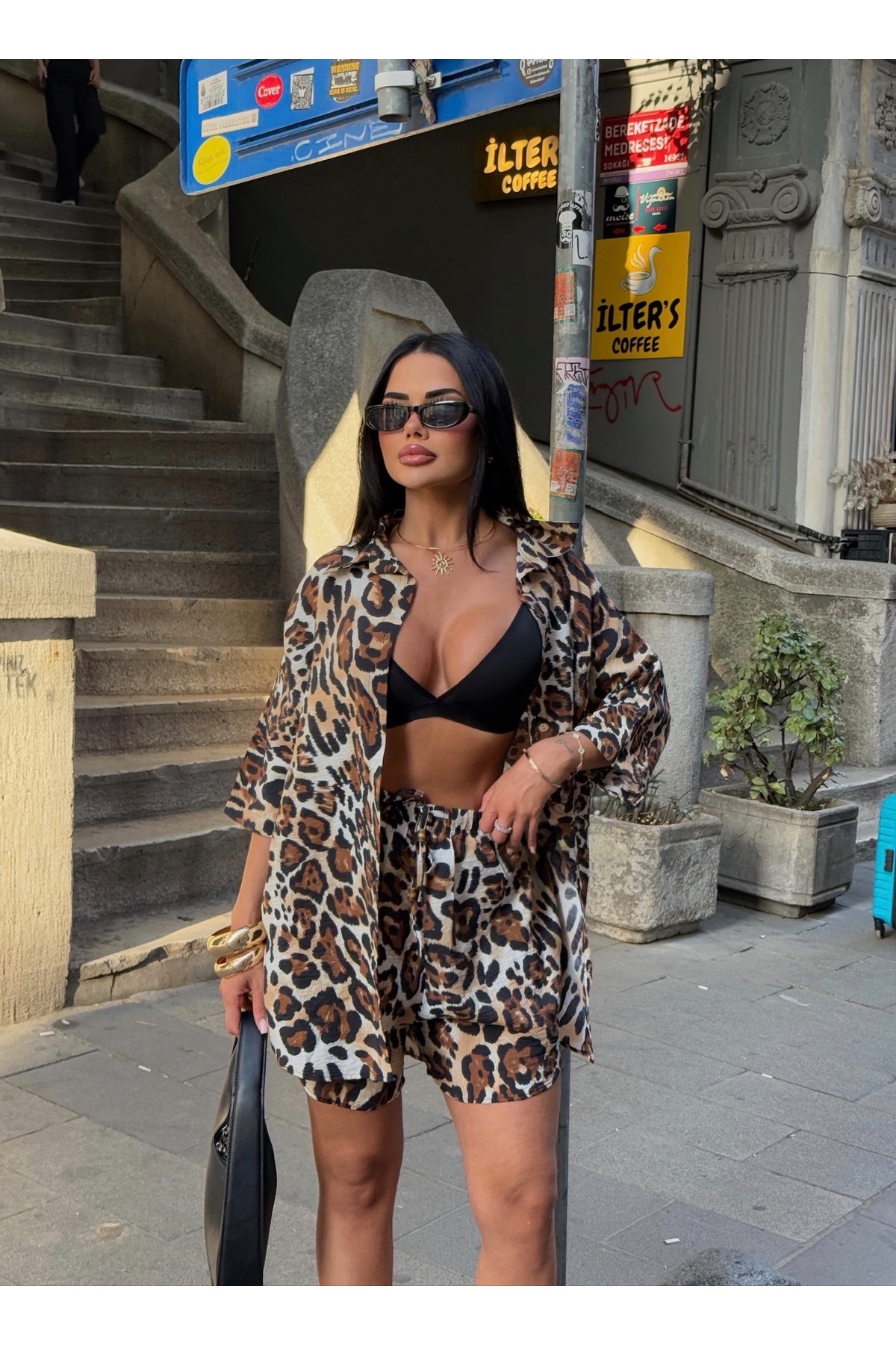 LB Laluna Butik Ženski set majica i kratkih hlača Lan Look Oversize kroj