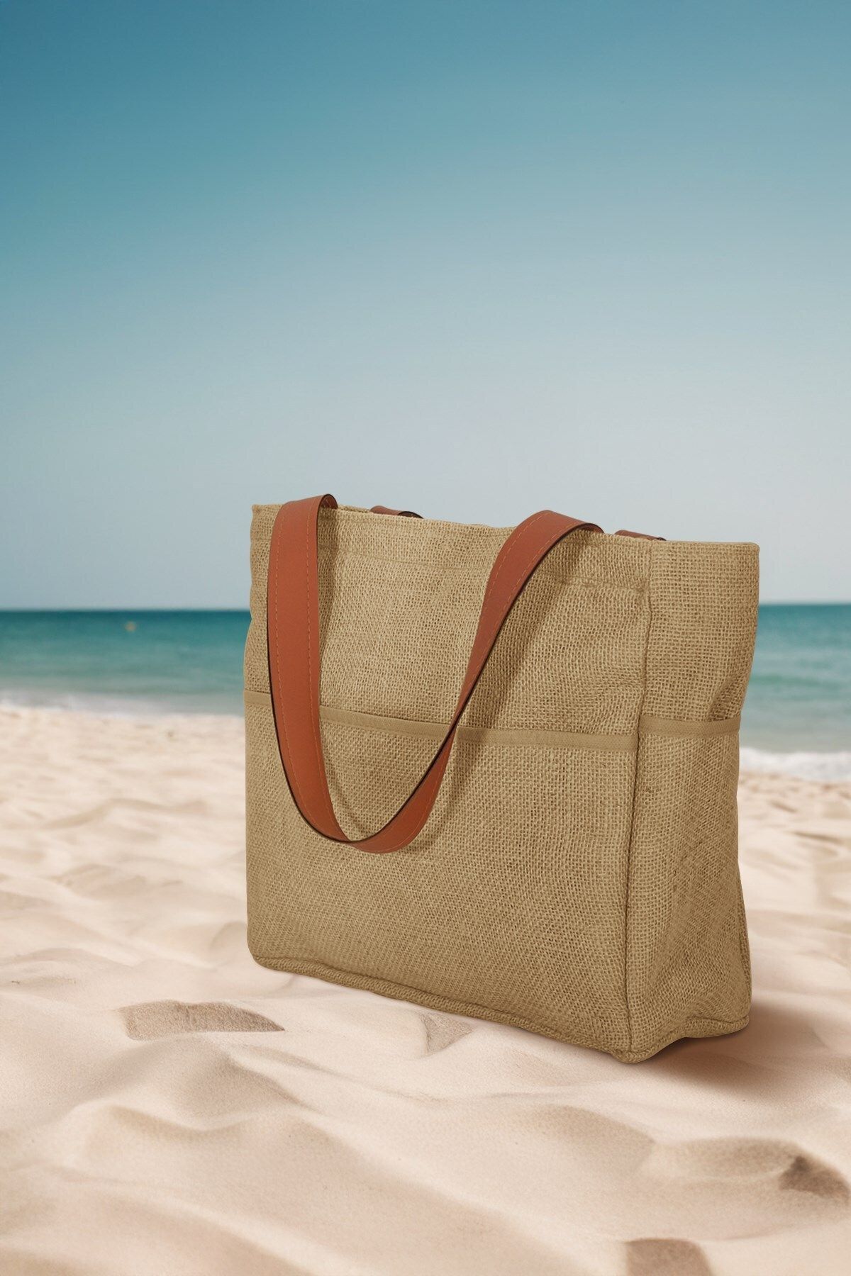 JASPER-Straw Beach Bag, Zippered, Leather Edged, Brown, Liquid Proof Lining 2