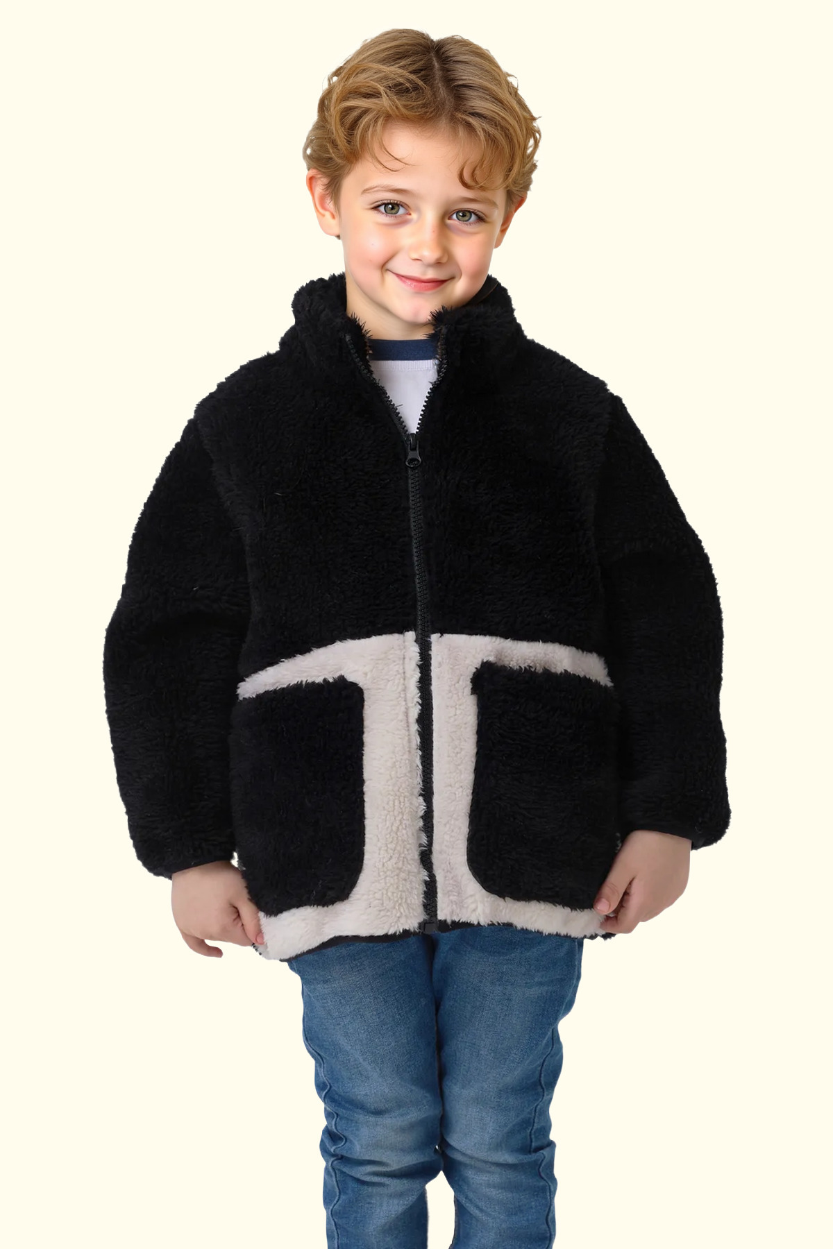  کاپشن زمستانی پسرانه مخمل خواب‌دار مشکی و سفید مایل به کرم Welsoft با جیب و زیپ