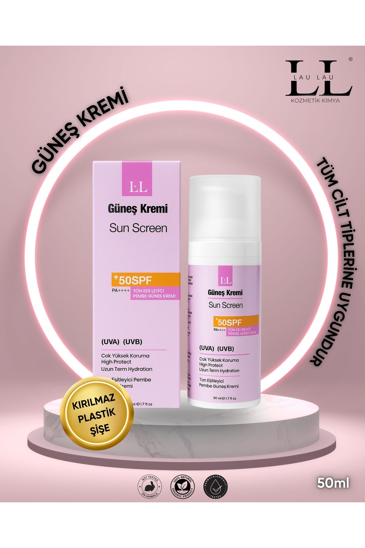 LAU LAU TON EŞİTLEYİCİ GÜNEŞ KREMİ 50ml TONE UP PINK 50ml (UVA) (UVB) +50 SPF PA++++ YÜKSEK KORUMA