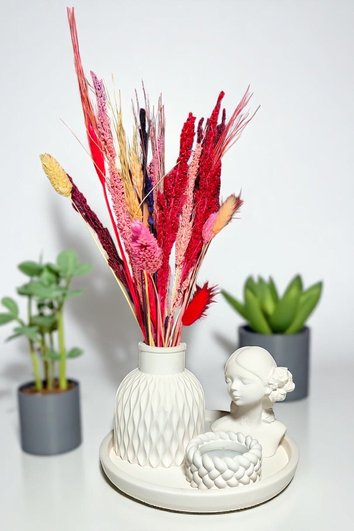 BESAGU HOME Dekoratif 4 Parça Vazo Seti - Vazo, Yuvarlak Tepsi, Tealight Mumluk, Dekoratif Kız