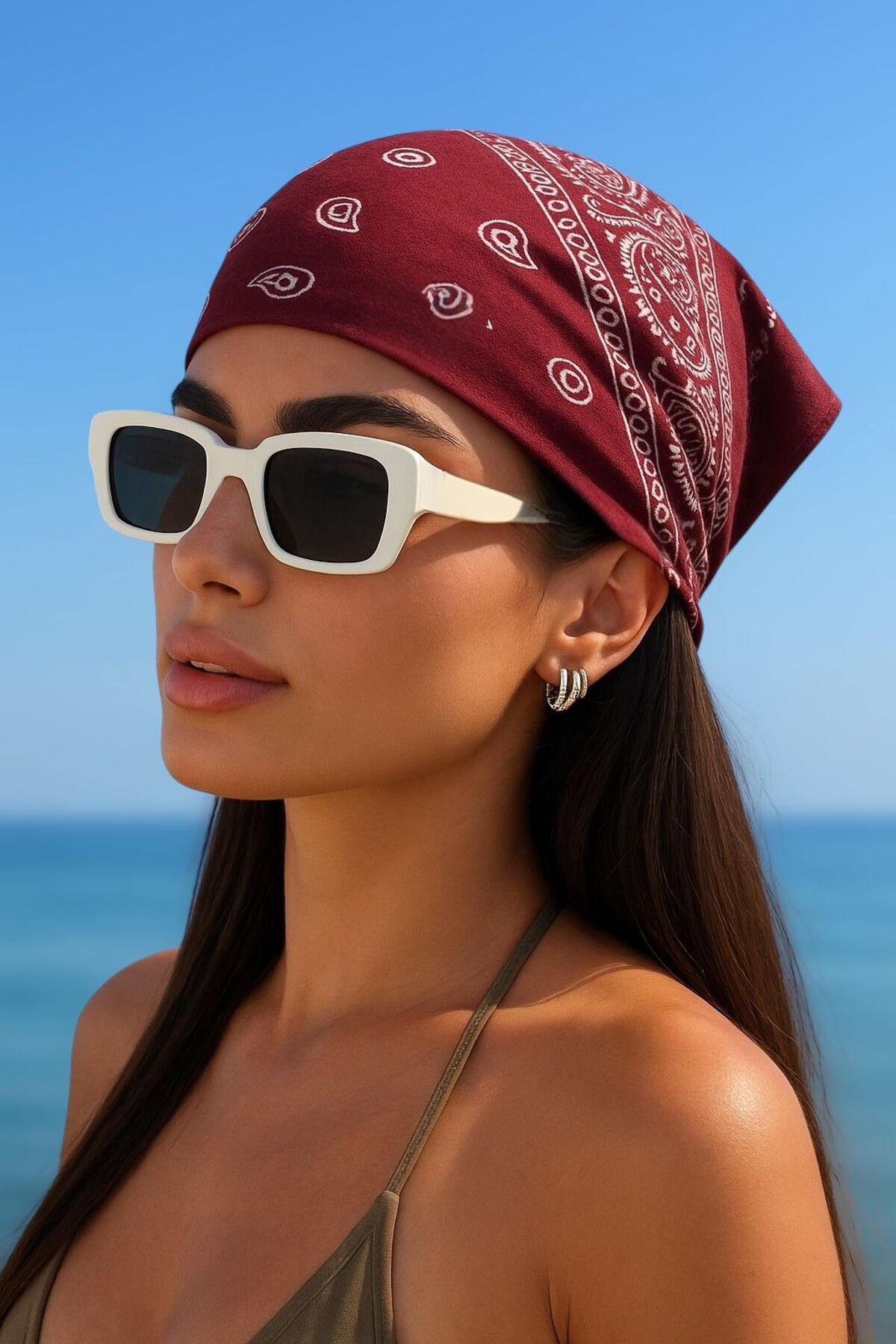 Goldmine Unisex Etnik Desenli %100 Pamuk Bandana Bordo
