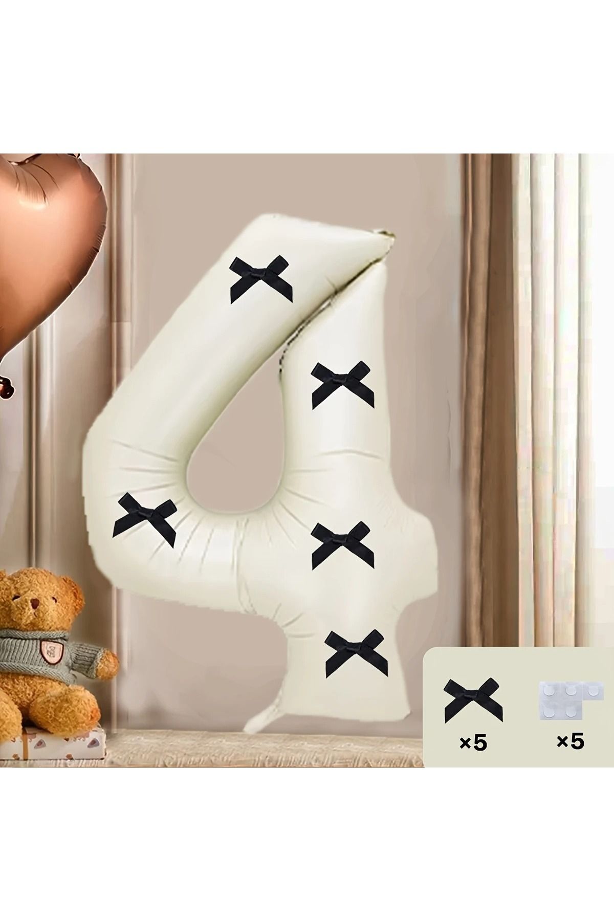 PartyPoo Siyah Fiyonklu Bej Rakam Folyo Balon 80cm 4 Rakam Balon - Fiyonklu Balon, Kurdeleli Balon
