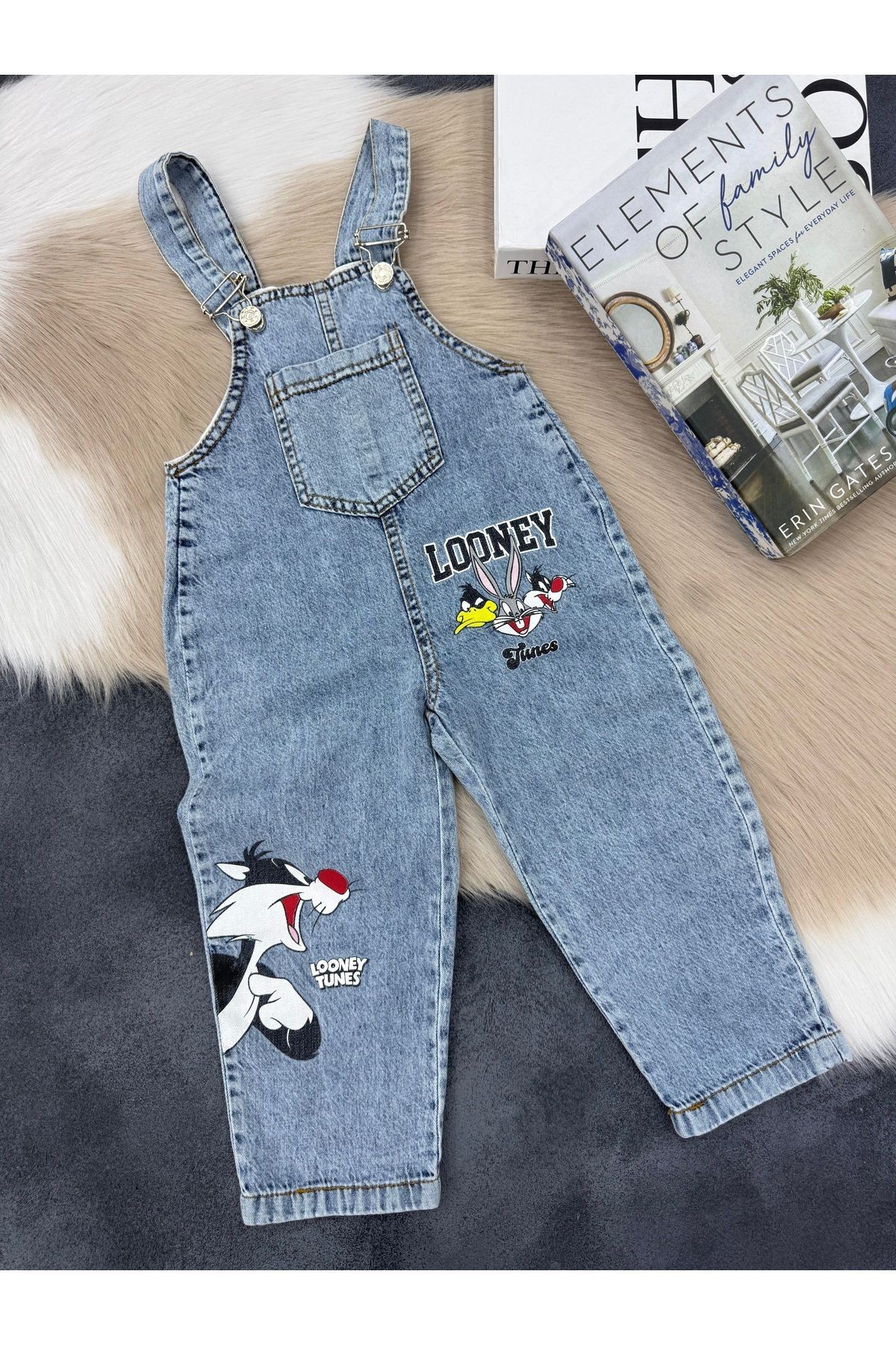 seanto Looney Tunes Baskılı Kot Salopet Tulum Unisex Çocuk (3-6 Yaş)