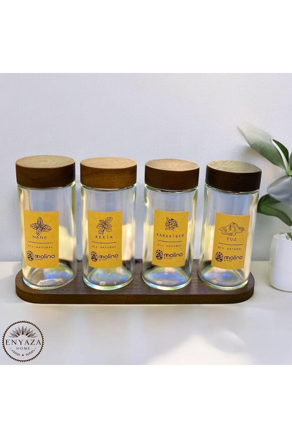 ENYAZA(2024)-Set of 4 Acacia Glass Spice Shakers with Lid and Stand - Salt Shaker and Pepper Shaker with Labels Spice Set 120 ml 6