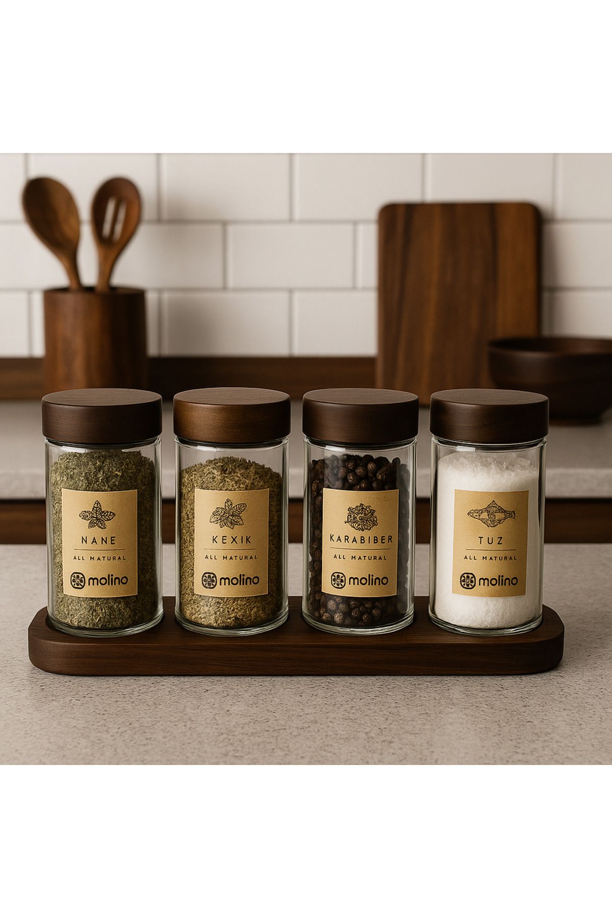 ENYAZA(2024)-Set of 4 Acacia Glass Spice Shakers with Lid and Stand - Salt Shaker and Pepper Shaker with Labels Spice Set 120 ml 4