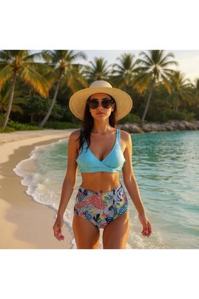 TooHot Kadın Buz Mavisi Yüksek Bel Askılı Üçgen Bikini Takımı